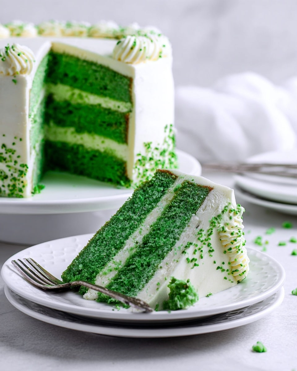A slice of three-layer bright green cake stands on a white plate with a fork resting beside it holding a small piece of cake. Each layer of the cake is thick, moist, and bright green, separated by thin layers of smooth white frosting. The outside of the cake is coated in white frosting, decorated with small green sprinkles and a scalloped border on the side. In the background, the remaining cake shows the same three green layers with white frosting in between, sitting on a white plate on a white marbled surface. Photo taken with an iphone --ar 4:5 --v 7