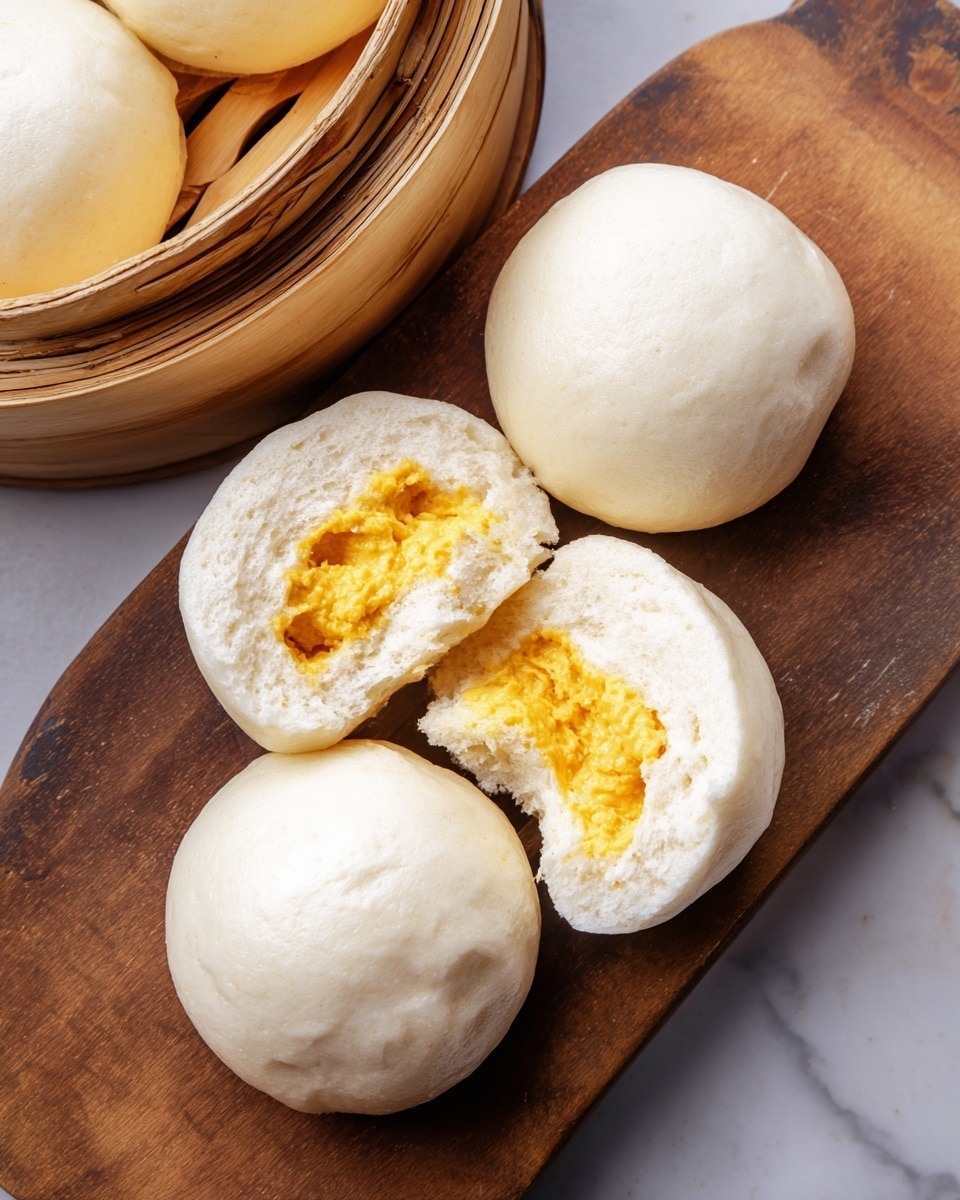 A white wooden board holds four smooth, round steamed buns with a soft and slightly shiny outer layer. One bun is broken open in the middle, revealing a bright yellow, creamy filling that looks rich and thick. The buns have a pale, fluffy texture on the outside and the filling contrasts with its vivid color. In the top left corner, part of a bamboo steamer basket filled with more buns is visible, placed on a white marbled surface. photo taken with an iphone --ar 4:5 --v 7