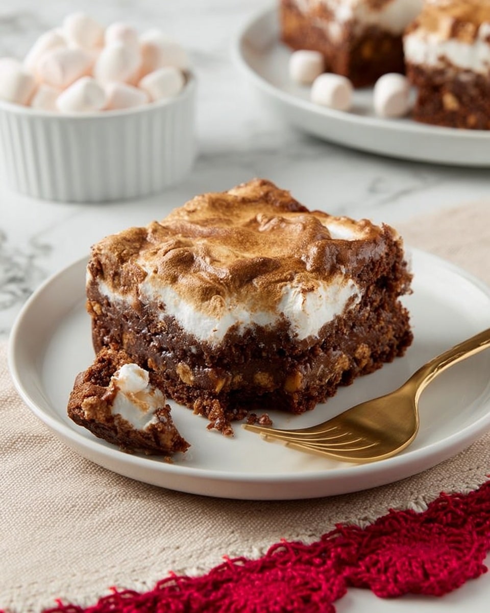 A square chocolate dessert bar is shown on a white plate, featuring three distinct layers. The bottom layer is dense and dark brown with a slightly crumbly texture. The middle layer has white marshmallow peeking through in soft, fluffy clumps. The top layer is a golden brown, lightly cracked crust with a textured, slightly wavy surface. A golden fork lies next to the dessert on the plate with a small bite of the bar on it. In the background, there is a white ramekin filled with mini marshmallows and another plate with the same dessert. The entire scene is set on a white marbled surface with a beige cloth and a red crochet edge visible on the side. Photo taken with an iphone --ar 4:5 --v 7