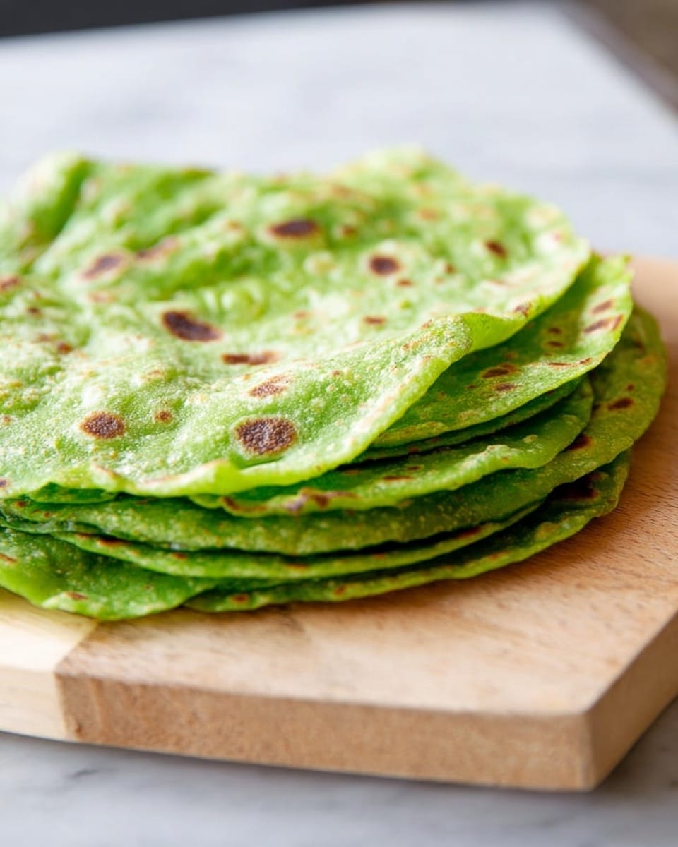A close-up image of five bright green flatbreads stacked unevenly on a light wooden board. Each flatbread has toasted darker brown spots scattered across the surface, showing a soft texture with slight bubbles and folds. The edges are slightly wavy, and the flatbreads overlap in a neat, casual pile. The background consists of a white marbled texture, making the green color stand out clearly. photo taken with an iphone --ar 4:5 --v 7