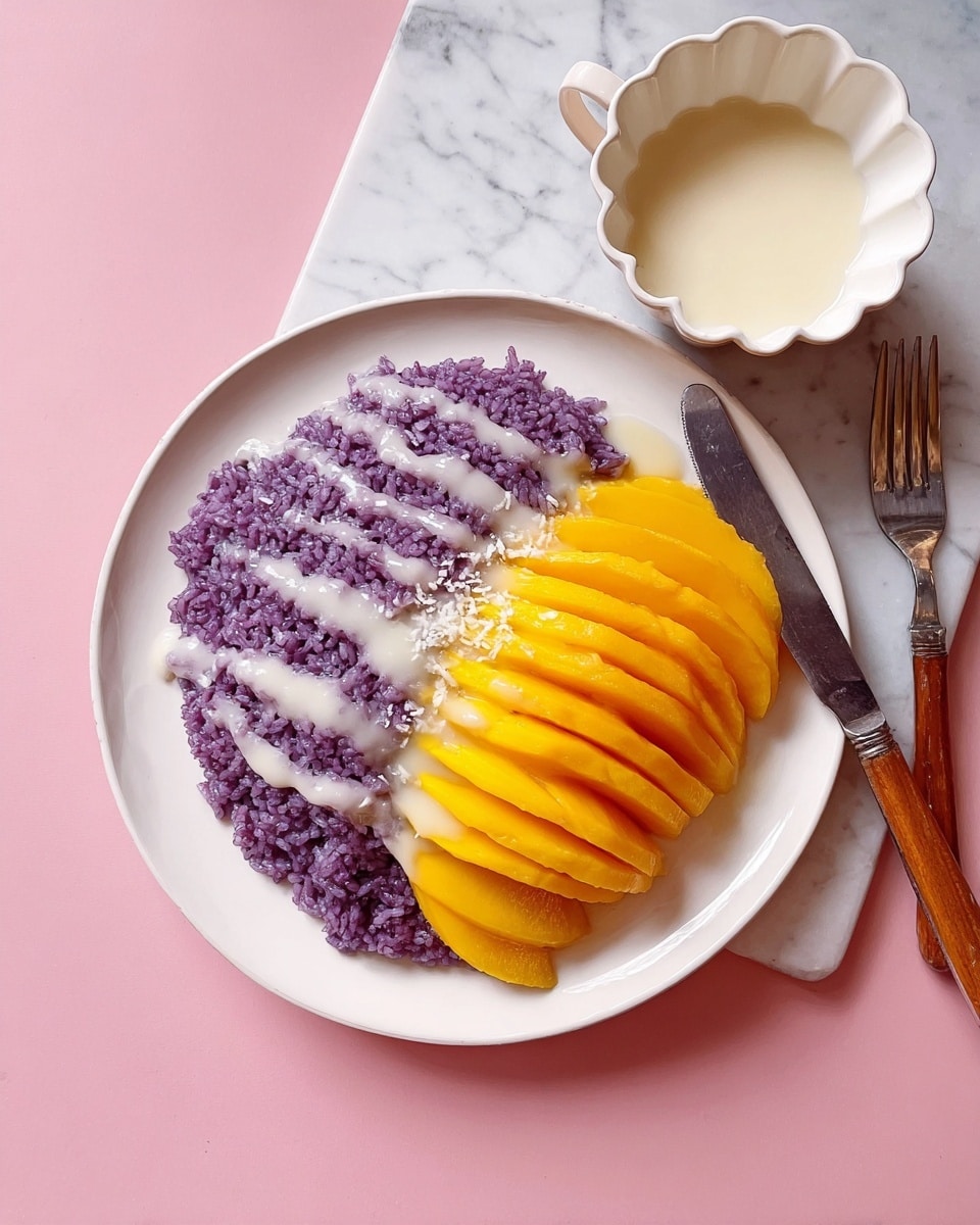A white round plate holds a two-layer dish on a white marbled surface with a pink background. On the left side, there is a thick layer of purple sticky rice topped with thin streams of white coconut sauce. On the right side, thin slices of bright yellow mango are neatly arranged in a curved row, each slice overlapping slightly. A white scalloped bowl with more coconut sauce is placed nearby, along with a fork with a wooden handle resting on the surface. The photo taken with an iphone --ar 4:5 --v 7