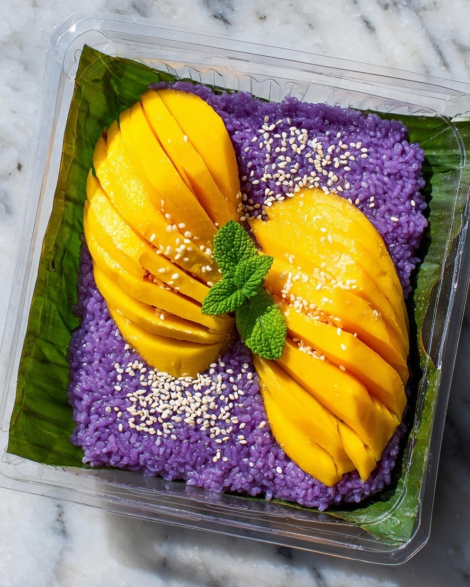 The image shows a dessert with two layers placed in a clear plastic container lined with a green banana leaf. The bottom layer is sticky rice colored bright purple, with a shiny, slightly wet texture. On top of this, there are two groups of sliced yellow mango pieces, each arranged neatly in a row, showing smooth, glossy surfaces. White sesame seeds are sprinkled on both the mango and purple rice. A small sprig of fresh green mint leaves sits on the rice between the mango groups. The container is set on a white marbled surface. photo taken with an iphone --ar 4:5 --v 7