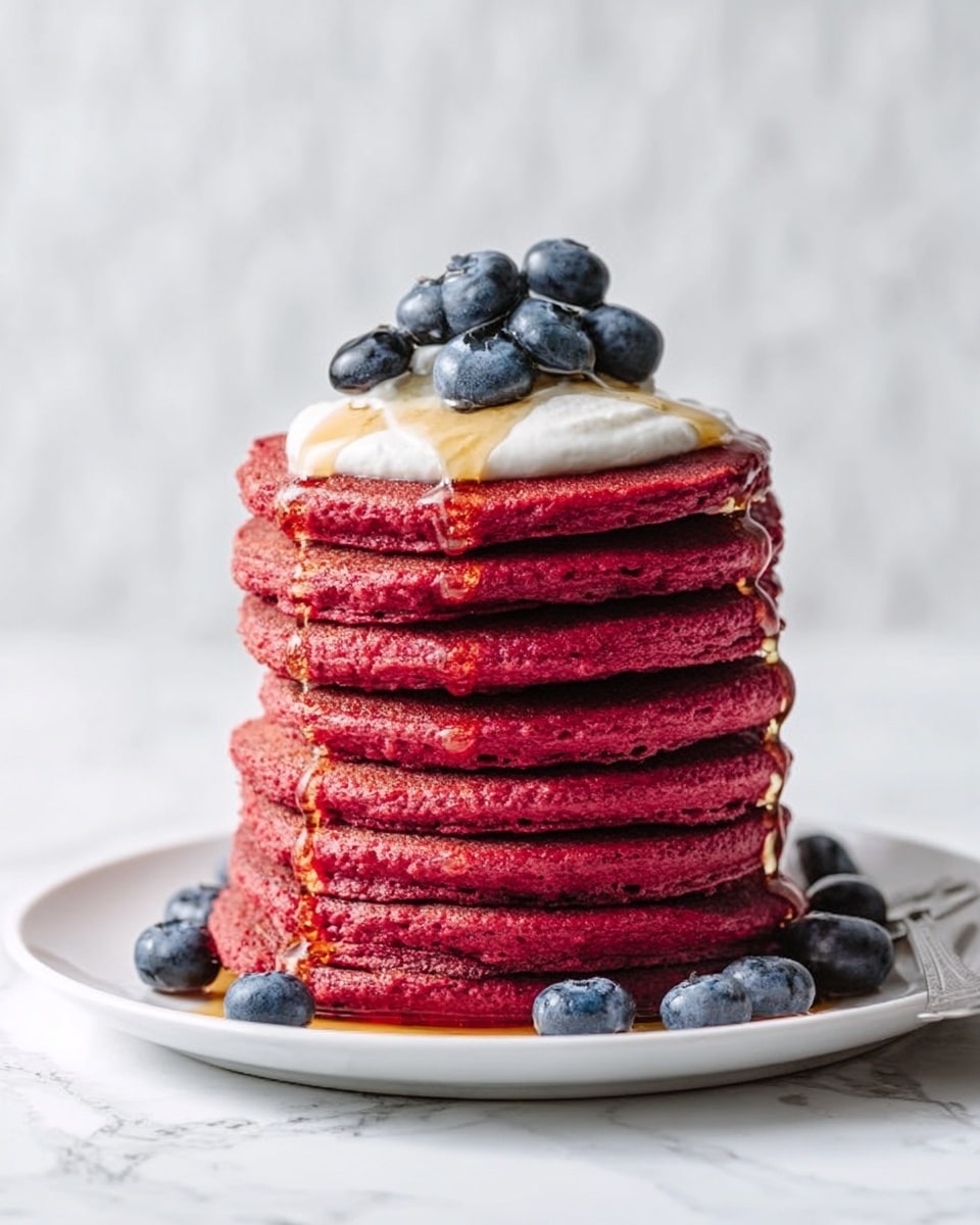 A tall stack of seven thick, red pancakes sits on a white plate against a white marbled surface. Each pancake has a soft, fluffy texture with slight browning on the edges. The stack is topped with several fresh, round, dark blue blueberries and a dollop of smooth white cream or yogurt. Golden syrup slowly drips down the sides of the pancakes, adding a shiny, sticky contrast to the matte, rich red layers. A few extra blueberries are scattered around the base of the plate, adding more color and freshness. Photo taken with an iphone --ar 4:5 --v 7