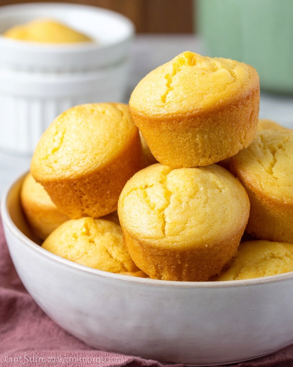 A close-up view of a stack of seven golden-yellow cornbread muffins piled inside a white bowl. The muffins have a soft, crumbly texture with slight cracks on the top surface and rounded edges. The muffins fill the bowl, with a few overlapping each other, highlighting their light and fluffy appearance. The background shows blurred white ceramic ramekins and a slightly visible green container, all set on a white marbled texture. photo taken with an iphone --ar 4:5 --v 7
