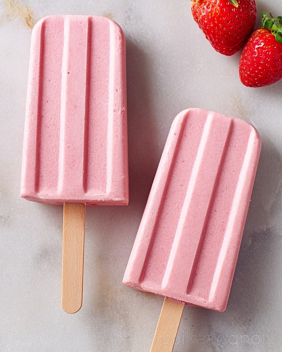 Two pink popsicles are shown side by side on a white marbled textured surface, each having a wooden stick at the bottom. The popsicles have a smooth texture with three slightly raised vertical lines running from top to bottom, giving them a shape with soft edges and a matte finish. In the bottom right corner, a ripe red strawberry with small green leaves sits partially visible. photo taken with an iphone --ar 4:5 --v 7