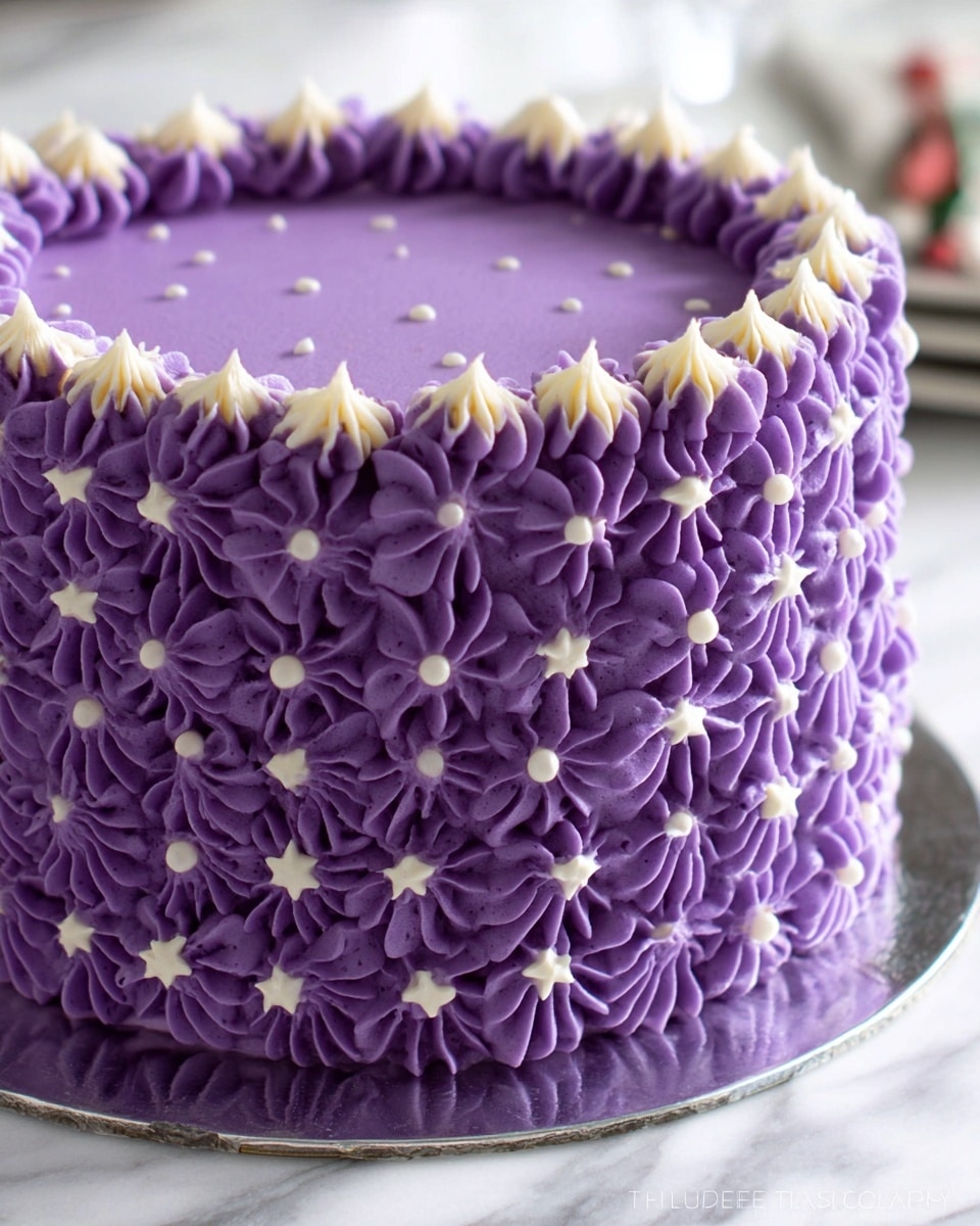 The image shows a close-up of a round, two-layer cake covered entirely with purple frosting. The cake's sides are decorated with piped purple petal-shaped designs layered closely together, each petal having small white star-shaped frosting dots between them. The top edge of the cake has a ring of evenly piped purple frosting peaks with small white star-shaped dots placed between each peak. The frosting looks smooth and creamy, and the cake is placed on a reflective silver base, all on a white marbled surface. Photo taken with an iphone --ar 4:5 --v 7