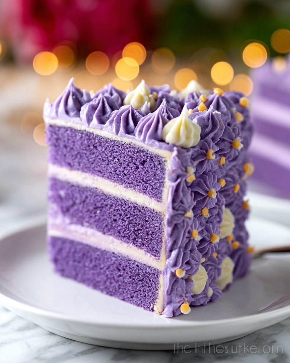 The image shows a slice of three-layer purple cake placed on a white plate, sitting on a white marbled surface. Each cake layer is a soft, rich purple color with a light purple frosting layer between them. The front and side of the cake are decorated with piped purple frosting in petal shapes, accented with small dabs of light yellow frosting. The texture of the cake looks moist and fluffy, while the frosting appears smooth and creamy. The background is softly blurred with warm light spots and hints of red and green colors. Photo taken with an iphone --ar 4:5 --v 7