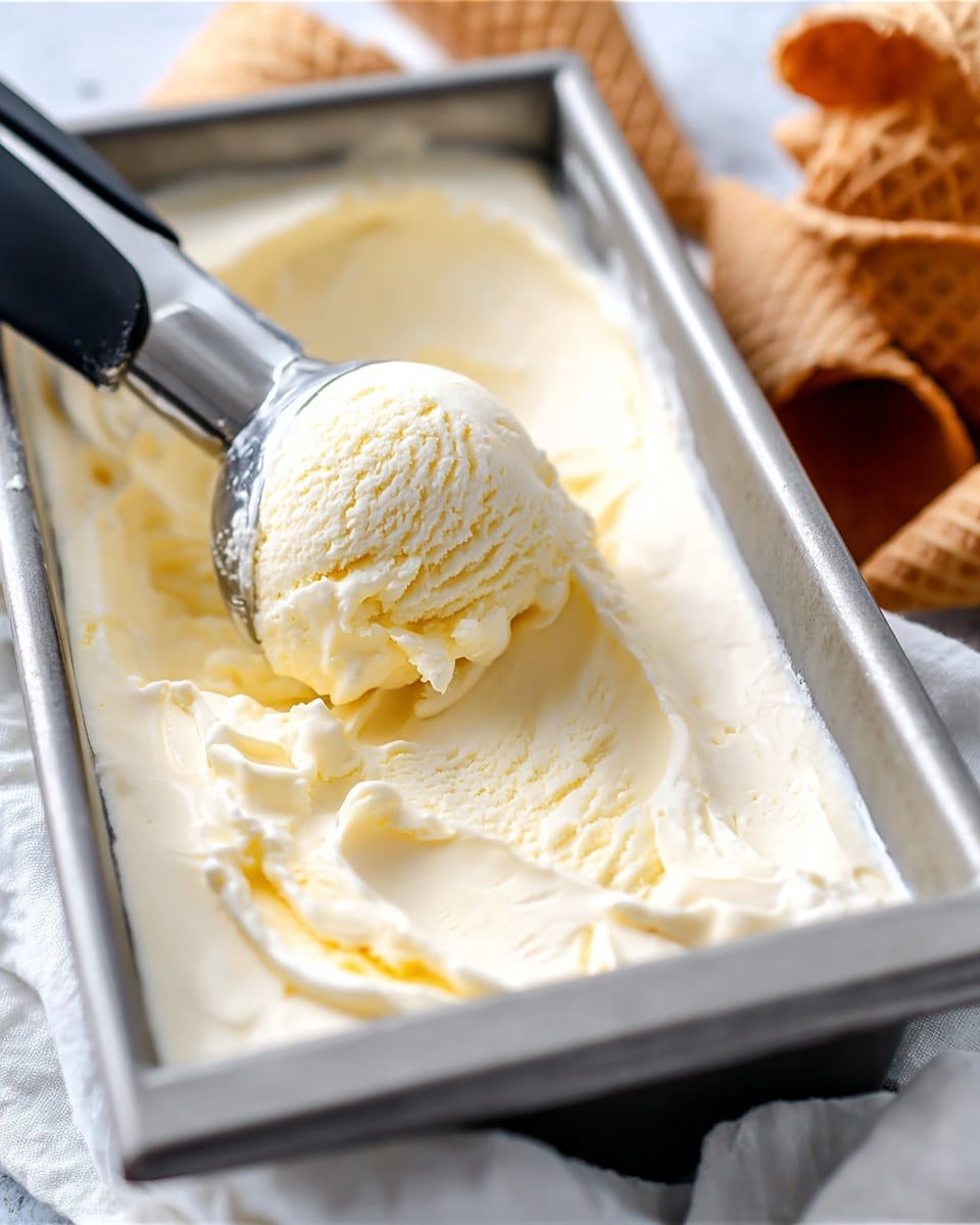A small, transparent glass bowl filled with two scoops of smooth, white ice cream is placed on a dark wooden surface. Behind the bowl, there is a white rectangular container of ice cream with a metal scoop resting inside. To the right of the container, a small dark jar with a vanilla bean on top sits next to a wooden-handled utensil. In front of the bowl on the surface lies a metal spoon. The background is softly blurred, focusing attention on the ice cream and the jar. Photo taken with an iphone --ar 4:5 --v 7