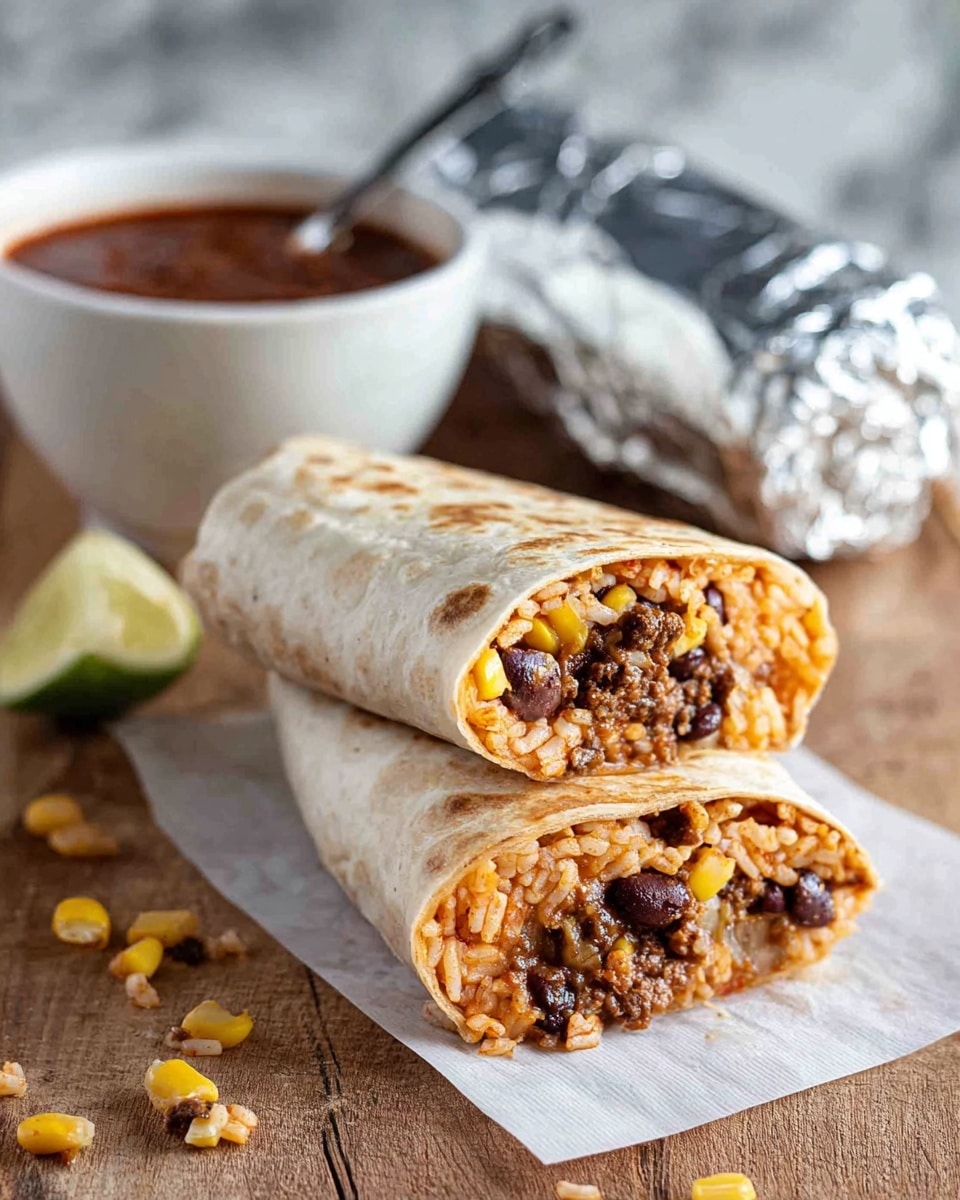 Two burrito halves lie stacked on white paper, placed on a wooden surface with a white marbled texture in the background. Each burrito has a light golden tortilla showing small brown toasted spots. Inside, three layers are visible: a bottom layer of reddish-orange rice with some scattered corn kernels and black beans, a middle layer of cooked dark brown beef mixed with beans, and little bits of melted yellow cheese interspersed throughout. Behind the burritos, a white bowl with dark red salsa and a silver spoon inside rests on a white napkin. A lime wedge lies on the left side of the burritos with some scattered cheese and beans around them. In the background, a foil-wrapped burrito sits slightly out of focus. Photo taken with an iphone --ar 4:5 --v 7
