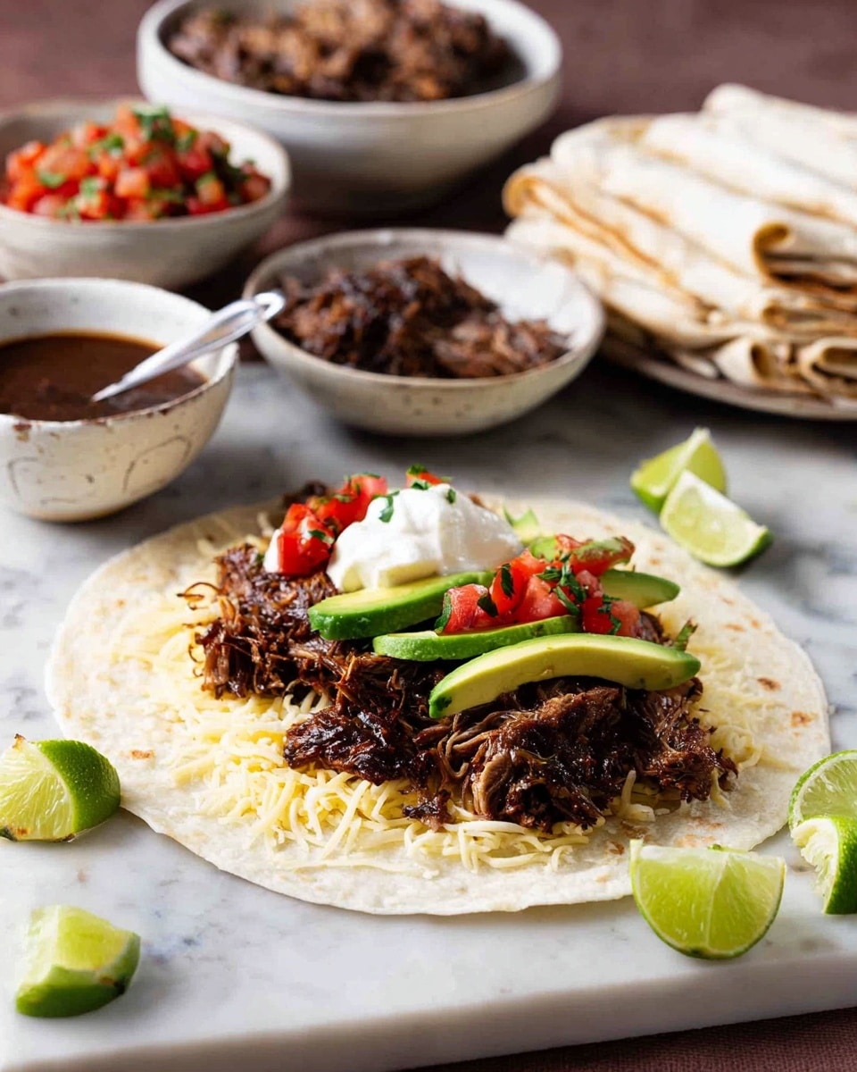 A white tortilla lays flat with layers of shredded pale yellow cheese at the bottom, followed by a pile of dark brown shredded meat, topped with bright green slices of avocado, small red diced tomatoes, and a dollop of white sour cream. There are lime wedges placed around the tortilla on a white marbled surface. In the background, folded white tortillas filled with a mix of rice and beans are stacked next to bowls containing dark shredded meat, red salsa with green herbs, and a small white bowl filled with dark brown sauce with a silver spoon. Photo taken with an iphone --ar 4:5 --v 7