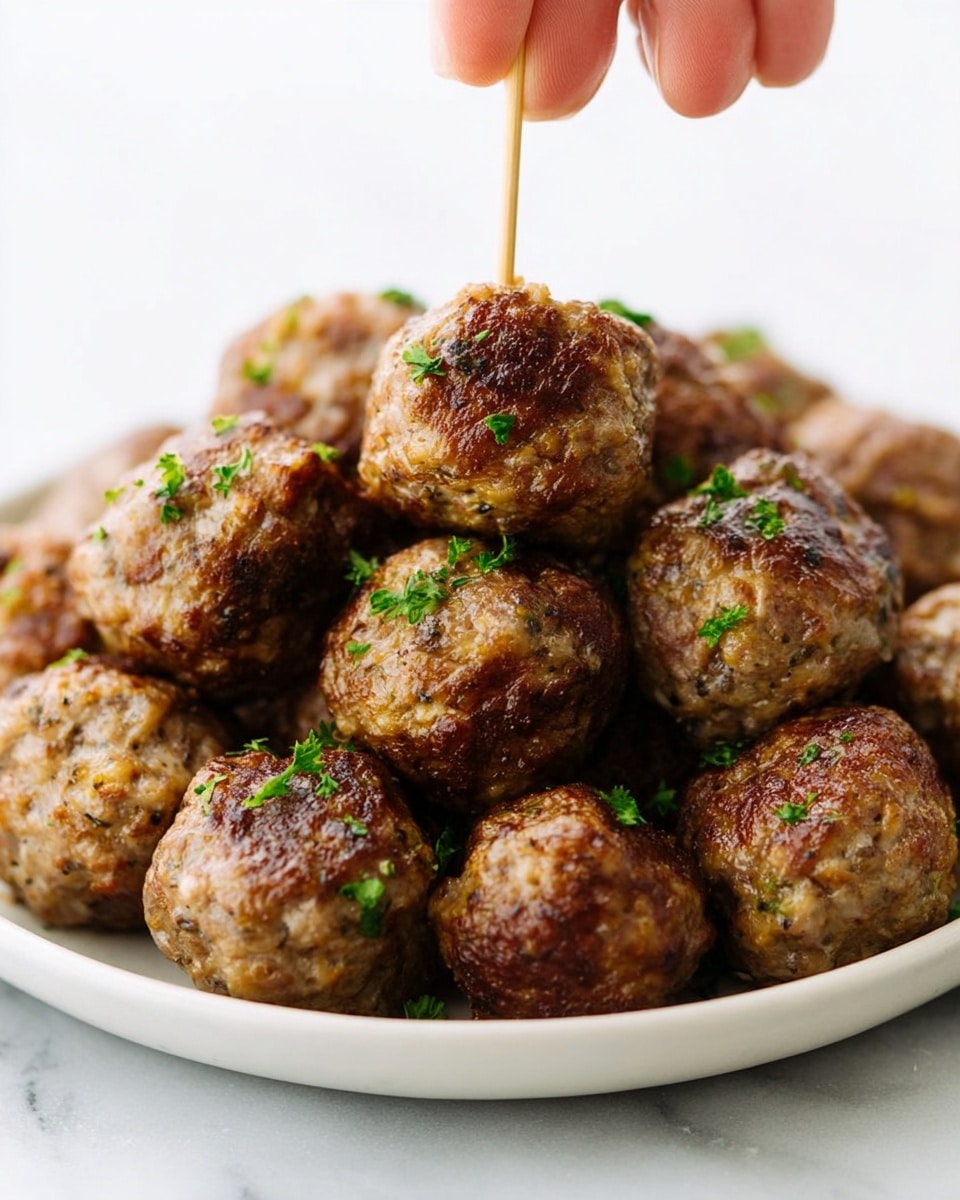 A white plate holds a pile of round, browned meatballs with a slightly rough texture showing bits of herbs and seasoning inside. The meatballs vary slightly in color from deep golden brown to lighter shades of cooked meat, with small bright green parsley pieces sprinkled on top. A woman's hand is holding a wooden toothpick piercing one meatball near the top center of the image. The background is a smooth white marbled texture, keeping full focus on the meatballs and the toothpick. photo taken with an iphone --ar 4:5 --v 7