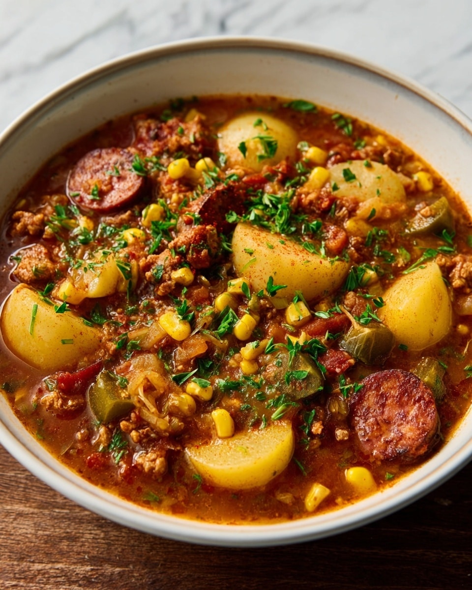 A white bowl filled with a thick stew that has three visible layers: the base is a brown and red tomato broth mixed with ground meat and spices, floating throughout are slices of dark reddish sausage and chunks of pale yellow potatoes, while bright yellow corn pieces and small bits of green herbs are spread on top. The bowl sits on a white marbled surface. photo taken with an iphone --ar 4:5 --v 7