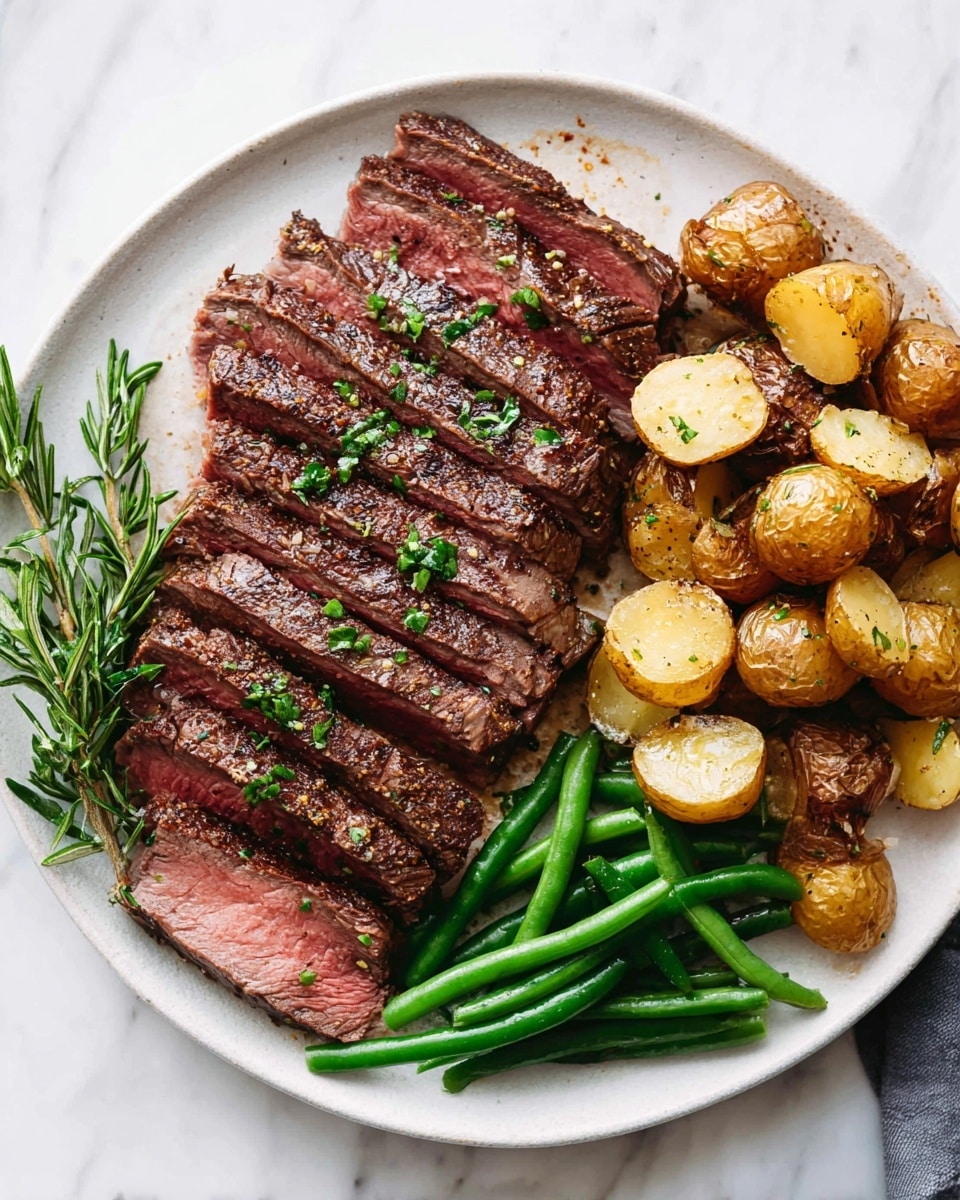A white plate holds a meal with three main parts: on the left, there are eight slices of medium-rare steak, arranged in a neat overlapping row, showing a pink center with a browned, seasoned crust sprinkled with chopped green herbs; on the top right, a mound of golden-brown roasted baby potatoes cut in halves and quarters, textured with herbs and slight charring on their skins; on the bottom right, a small pile of vibrant green whole beans, smooth and glossy. A sprig of fresh rosemary lies next to the steak on the left side, all set on a white marbled texture background. photo taken with an iphone --ar 4:5 --v 7