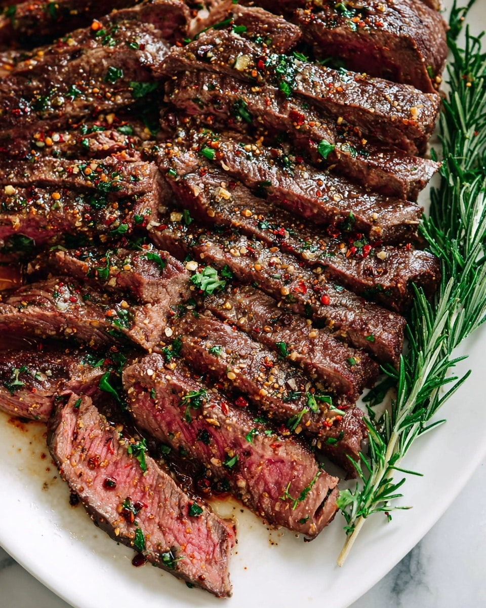 The image shows many slices of medium-rare steak laid out closely on a white plate, arranged in overlapping layers from bottom left to top right. The steak is dark brown outside but pinkish-red inside, with a shiny, slightly oily texture. It is sprinkled with coarse black pepper, crushed red pepper flakes, green chopped herbs, and small bits of seasoning that add color and texture. A sprig of fresh rosemary is placed on the right edge of the plate, adding green contrast. The plate sits on a white marbled surface. Photo taken with an iphone --ar 4:5 --v 7