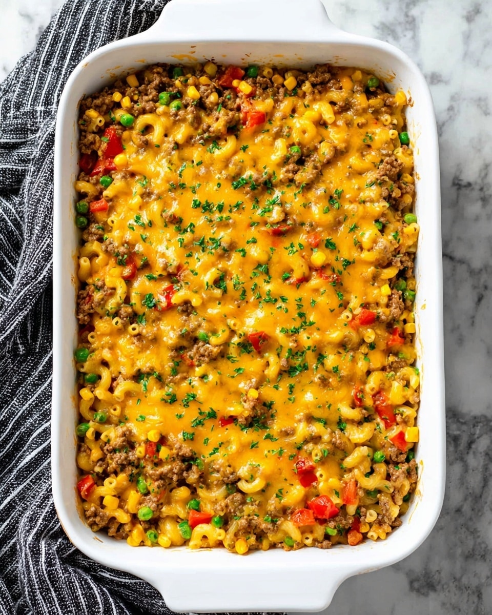 A white rectangular baking dish filled with a one-layer casserole consisting of yellow macaroni pasta mixed with ground beef, peas, diced red bell peppers, and corn. The top is covered with melted golden cheddar cheese and lightly sprinkled with chopped green herbs. The dish is resting on a white marbled surface with a black and white striped cloth partially visible on the left side. Photo taken with an iphone --ar 4:5 --v 7
