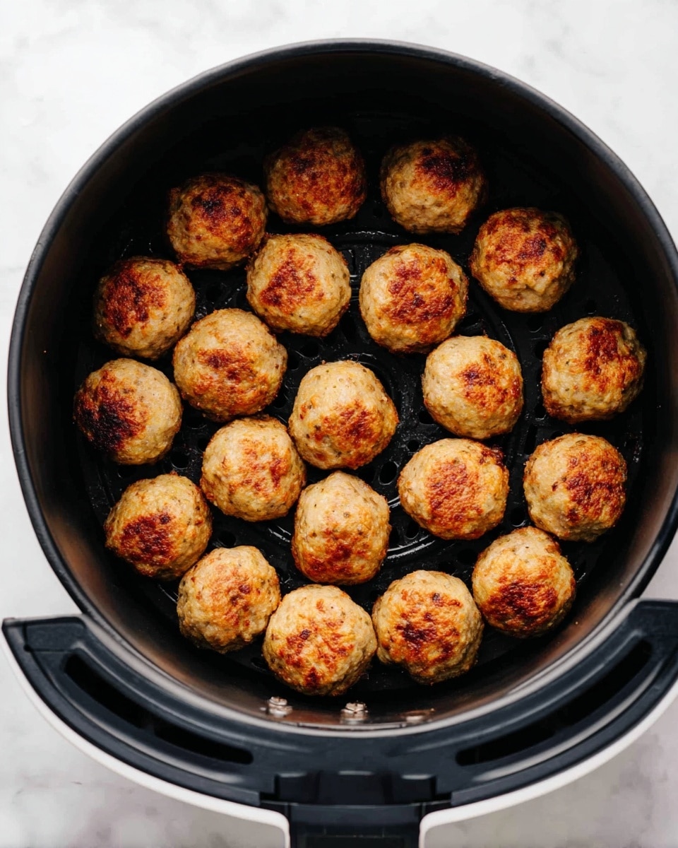 This image shows a black air fryer basket filled with one layer of golden brown meatballs arranged closely. The meatballs are round with a slightly crispy texture on the outside, showing various shades of light to darker brown, indicating they are cooked evenly. The inside of the air fryer basket is dark, contrasting with the warm tones of the meatballs. The photo is taken from above, with the air fryer placed on a white marbled surface. photo taken with an iphone --ar 4:5 --v 7