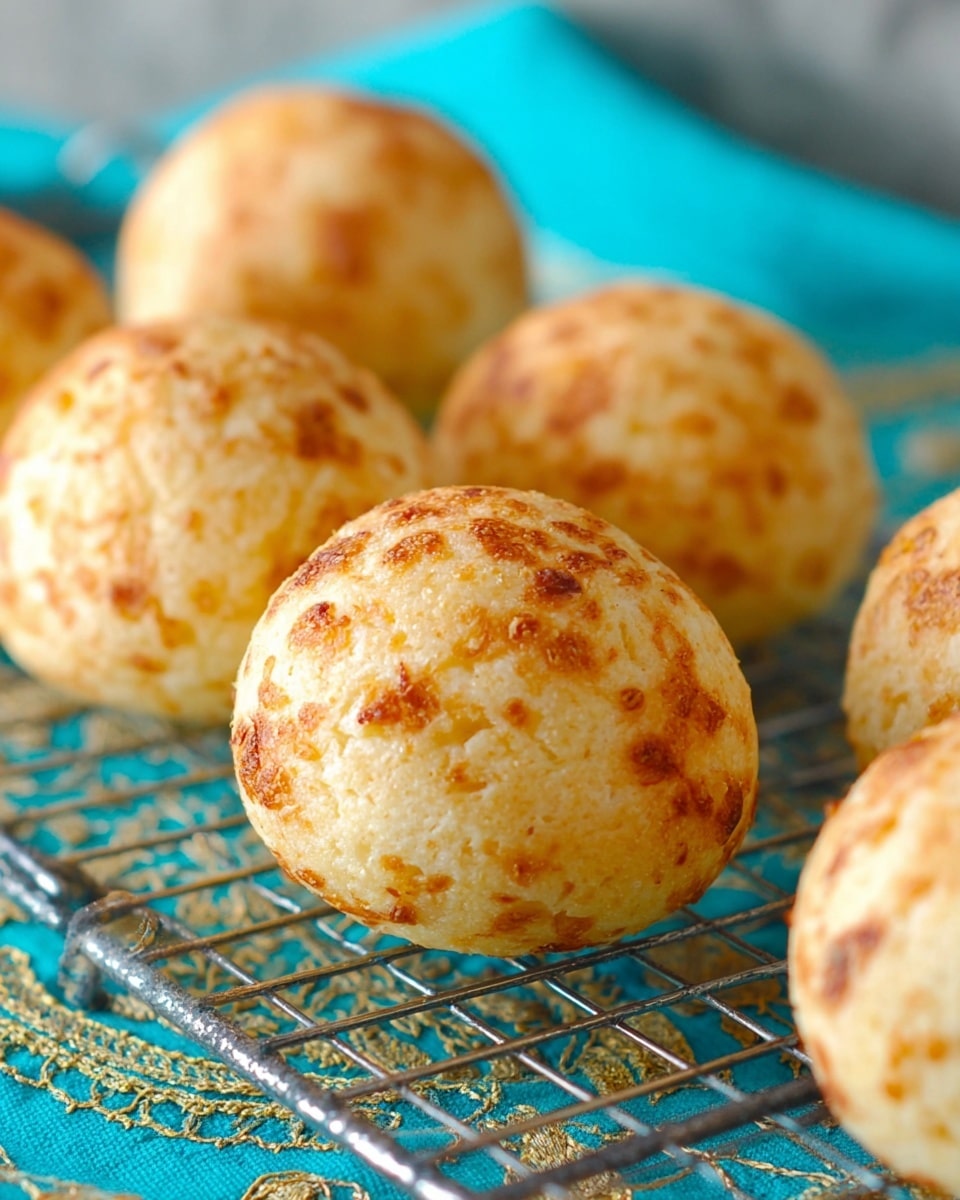 The image shows several round cheese bread balls resting on a metal cooling rack. Each ball has a rough, textured surface with light golden brown spots indicating a baked, crispy outer layer. The cheese bread balls are placed on a turquoise fabric with decorative golden embroidery beneath the rack. The background has a soft focus, highlighting the front cheese bread balls with clear details of their crust and texture. photo taken with an iphone --ar 4:5 --v 7