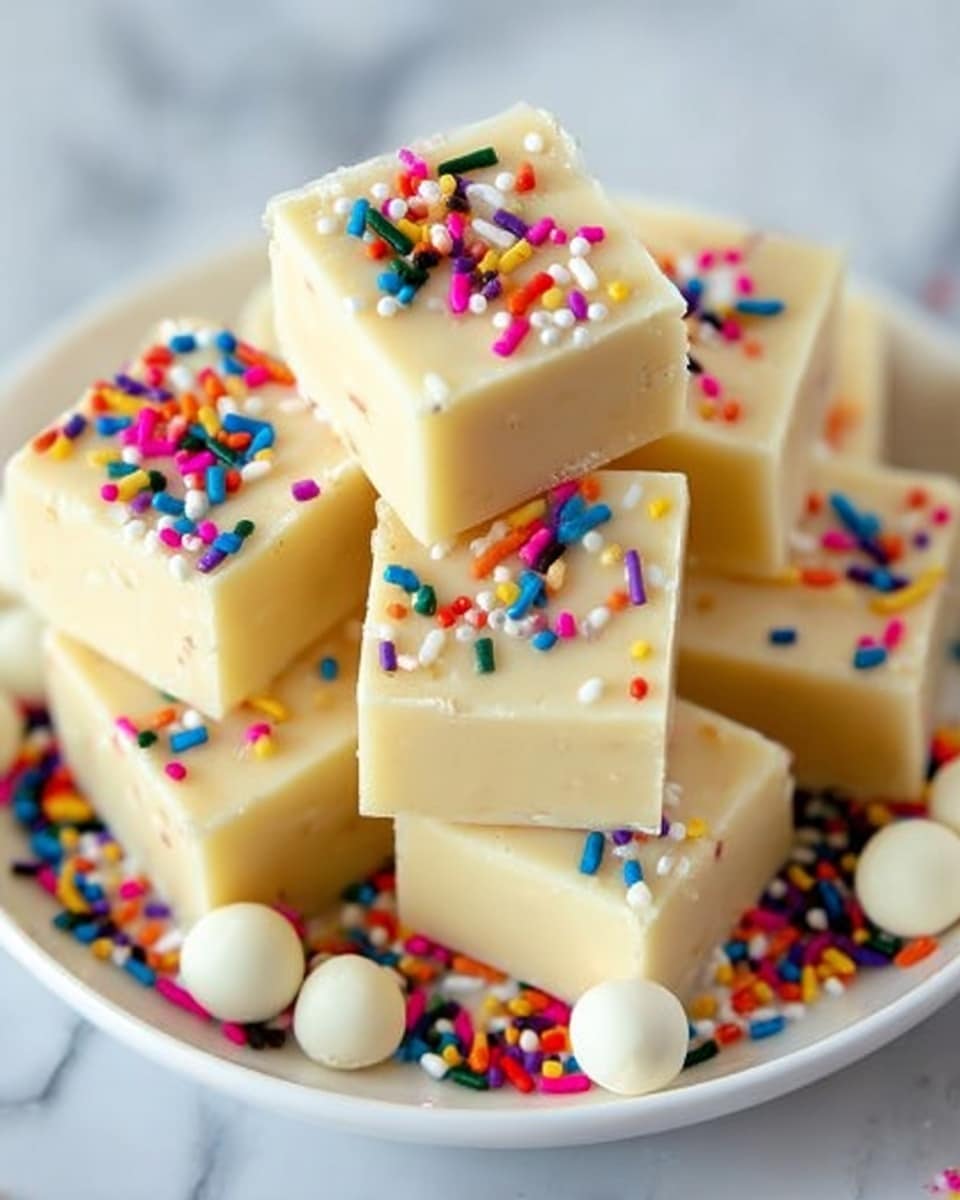 The image shows seven creamy light yellow fudge squares piled in the center of a white plate, sprinkled with colorful rainbow jimmies and a few white candy drops scattered around and on top of the fudge pieces. The fudge has a smooth, slightly shiny texture with clean edges, and the bright sprinkles create a playful, festive contrast against the pale fudge. The plate sits on a white marbled surface. photo taken with an iphone --ar 4:5 --v 7