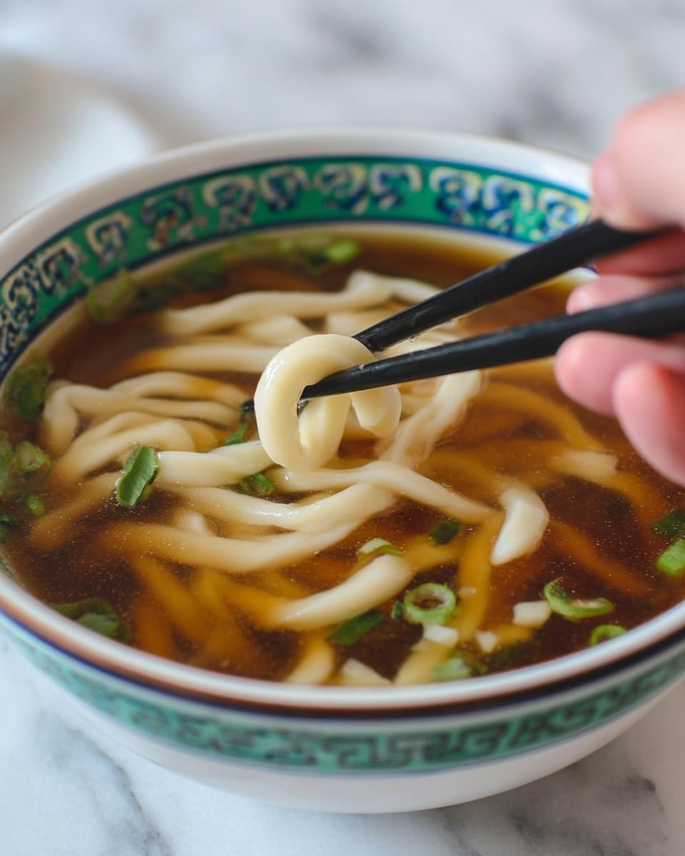 A close-up view of a bowl of clear brown broth with thick, pale beige noodles floating inside, garnished with small pieces of green onion scattered on top. The bowl is white with a green and blue decorative pattern around the rim. A woman's hand using black chopsticks is lifting one noodle from the soup, showing its soft and slightly chewy texture. The background shows a white marbled surface with a soft focus. photo taken with an iphone --ar 4:5 --v 7