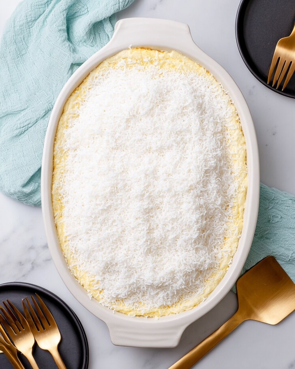 The image shows a white oval baking dish filled with a dessert that has two visible layers. The bottom layer, just slightly visible at the edges, is a light yellow, smooth and creamy layer, while the top layer is covered completely with a thick, fluffy white topping sprinkled with fine white shredded coconut, giving it a soft, textured appearance. The dish sits on a white marbled surface with a light blue cloth folded nearby and two black round plates with two golden forks on each plate placed to the lower left. To the right of the dish, there is a golden spatula resting on the surface. The photo is taken from above with soft lighting that emphasizes the texture of the coconut topping photo taken with an iphone --ar 4:5 --v 7