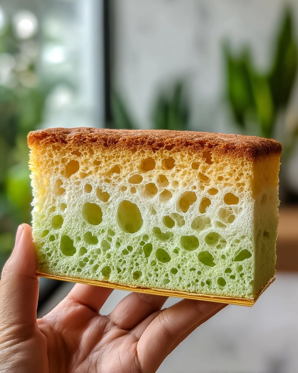 A close-up view of a two-layer sponge cake held by a woman's hand, showing a yellow-brown crispy top layer with a light, airy texture full of medium to large holes, and a bottom layer in a bright green color that is denser with smaller holes, both layers sitting on a thin, golden-brown base. The background features a blurred white marbled texture with hints of natural light and green plants. photo taken with an iphone --ar 4:5 --v 7