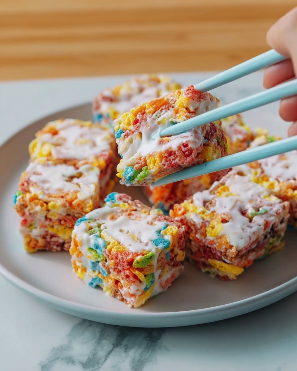 The image shows colorful sushi rolls with a creamy white topping, arranged on a white plate. Each roll has several visible layers made of bright, multicolored cereal pieces in red, yellow, blue, green, and orange, tightly packed together creating a rough texture. The white topping looks smooth and slightly glossy, covering the top of each roll in an uneven way. A woman's hand is holding one roll with light blue chopsticks above the plate. The white plate is set on a surface with a white marbled texture. Photo taken with an iphone --ar 4:5 --v 7