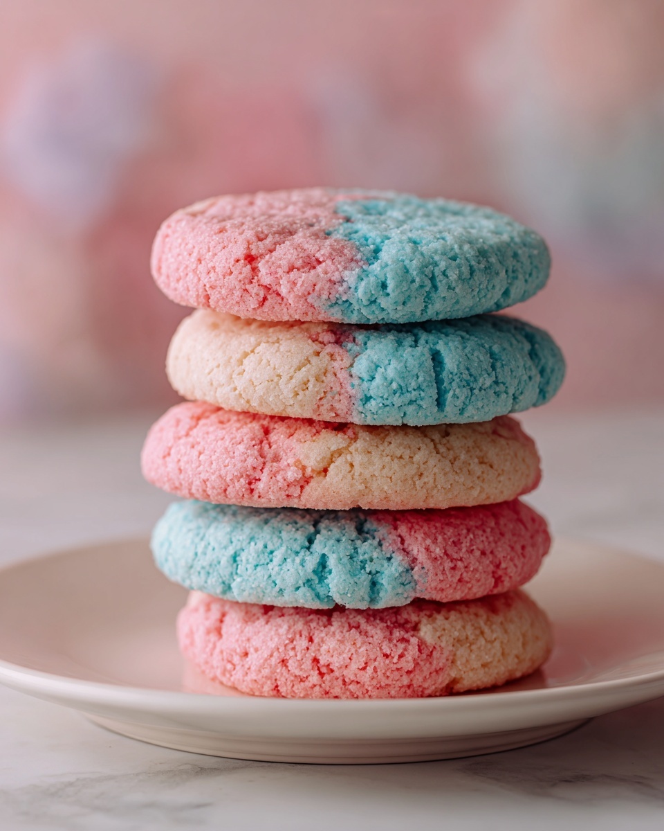 A stack of five round cookies sits on a white plate against a white marbled surface. Each cookie has two colors split roughly in half: one side pink with a soft, slightly crumbly texture, and the other side light blue with a similar texture. The cookies are thick and fluffy, and the colors alternate between layers, creating a visually pleasing pattern. The background is soft and pastel with blurred pink and blue tones, adding a gentle, dreamy feel to the image. Photo taken with an iphone --ar 4:5 --v 7