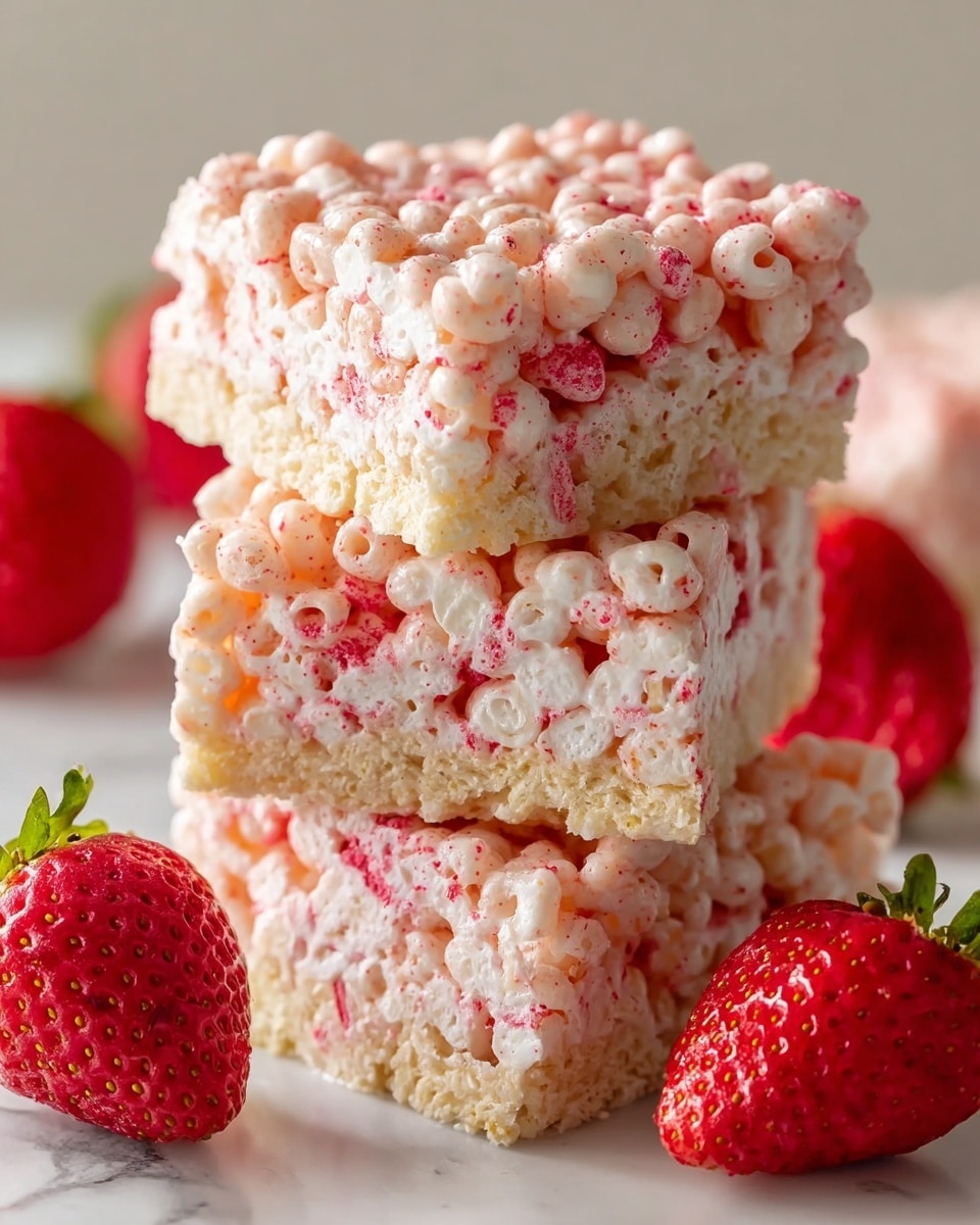 The image shows a stack of three square-shaped treats made from puffed rice cereal mixed with a white, gooey substance and speckled with pink-red bits. Each treat has two visible layers: the bottom layer is light beige with a crispy texture, and the top layer is puffed rice with a pink-red tint mixed into the white goo, giving it a slightly sticky look. The stack sits on a white marbled surface, and bright red strawberries with green leaves are placed around the treats, adding fresh color to the scene. The close-up view highlights the texture and softness of the puffed rice squares. photo taken with an iphone --ar 4:5 --v 7
