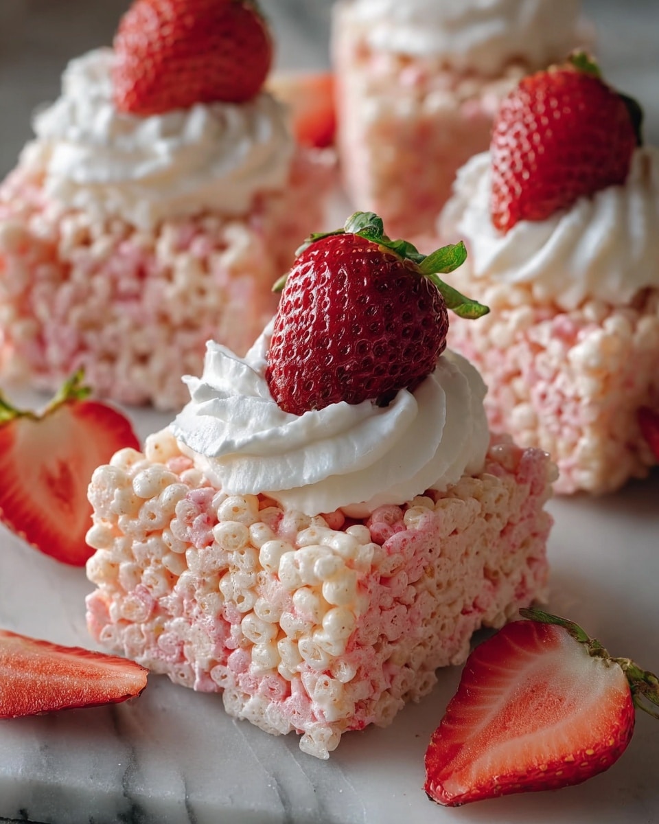 The image shows square crispy rice treats with a pink and white mix, giving a textured, puffed appearance. Each treat is topped with a dollop of smooth white whipped cream, and a halved fresh strawberry with bright red flesh and green leaves placed on top. The treats are resting on a white marbled surface with a few sliced strawberries nearby. The lighting is soft, highlighting the glossy shine of the strawberries and the fluffy cream. photo taken with an iphone --ar 4:5 --v 7