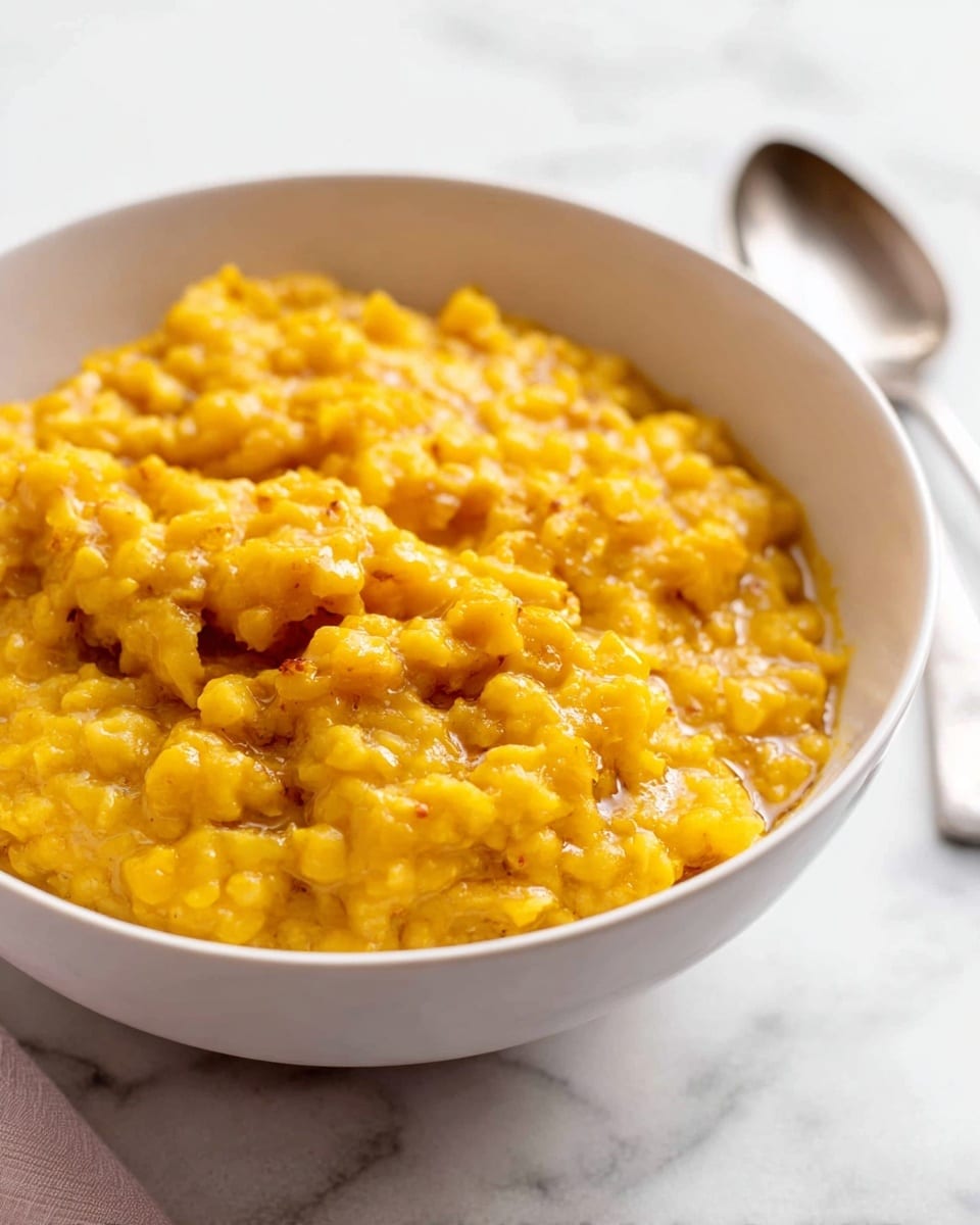 A rustic wooden bowl filled with a thick, chunky yellow lentil stew, showing a soft, slightly glossy texture with visible lentil pieces. Three whole green chili peppers are placed on top, adding a smooth, fresh contrast to the yellow stew. A light wood spoon rests inside the bowl, partly submerged in the stew, with the handle extending outwards. The bowl is set on a white checkered cloth, which lies on a wooden table. The background is changed to a white marbled texture. photo taken with an iphone --ar 4:5 --v 7