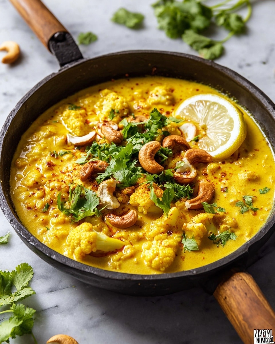A black pan containing a creamy yellow curry with visible chunks of cauliflower scattered throughout forms the main layer. The dish is topped with layers of golden brown roasted cashews and bright green cilantro leaves placed near the center. A pale yellow lemon wedge rests on the edge inside the pan. A silver spoon with a decorative handle is dipped into the curry on the right side. The pan sits on a dark blue cloth on a white marbled surface. In the background, there is a white plate partially visible with fluffy white rice garnished with small green herbs. Photo taken with an iphone --ar 4:5 --v 7