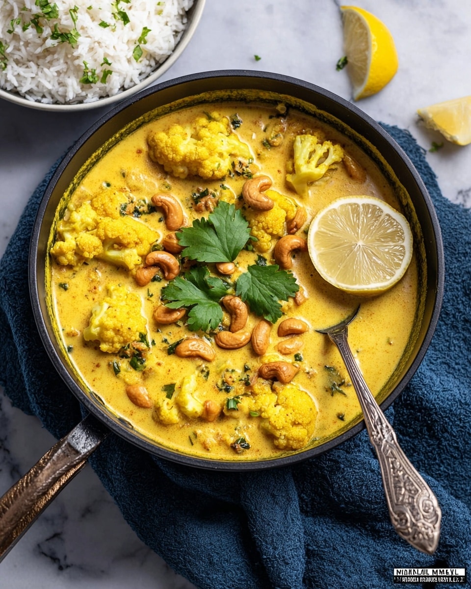 A close-up view of a thick yellow curry served in a dark skillet with a wooden handle, the curry is creamy and textured with soft pieces of cauliflower visible throughout. On top of the curry, there are roasted cashew nuts adding a crunchy texture, a slice of lemon resting near the edge, and fresh green cilantro leaves as garnish. The skillet is placed on a white marbled surface with hints of green cilantro leaves scattered softly in the background. Photo taken with an iphone --ar 4:5 --v 7