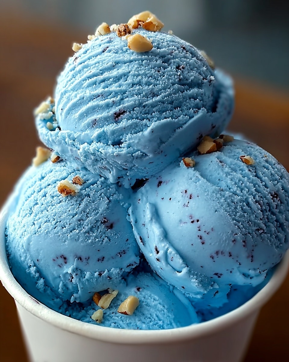 The image shows three large scoops of bright blue ice cream stacked inside a white cup. Each scoop has a smooth, creamy texture with some visible melting and slight drips on the sides. There are small bits of light beige and dark brown cookie pieces scattered on the top scoop, adding texture and contrast to the vibrant blue ice cream. The background is softly blurred with warm tones, making the ice cream the clear focus. photo taken with an iphone --ar 4:5 --v 7