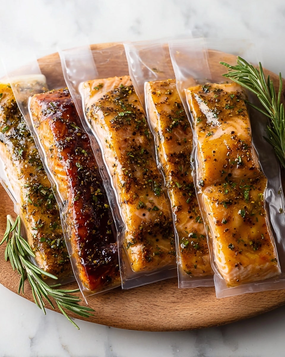 Five pieces of seasoned and cooked chicken breasts are vacuum-sealed in clear plastic bags, arranged side by side on a wooden cutting board. Each piece shows different levels of golden to dark brown sear with visible herbs and spices, highlighting variations in texture from smooth and tender to crispy. Green chopped herbs are sprinkled on and around the chicken on the board, which rests on a white marbled surface. photo taken with an iphone --ar 4:5 --v 7