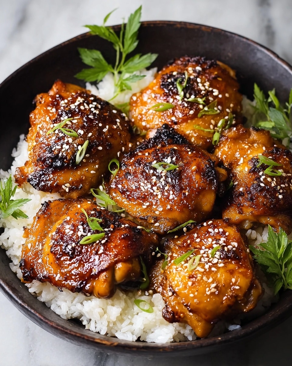 A dark bowl filled with a layer of white sticky rice at the bottom, topped with seven pieces of glazed grilled chicken thighs. The chicken has a shiny, caramelized golden-brown skin with slight char marks, sprinkled with white sesame seeds and small green onion slices. There are also a few sprigs of fresh green herbs placed around the chicken for garnish. The bowl is set on a white marbled surface photo taken with an iphone --ar 4:5 --v 7