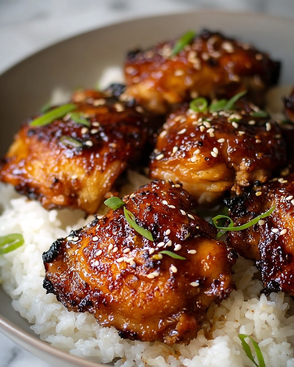 The image shows a close-up of a dish with six pieces of glazed, golden-brown grilled chicken thighs placed on a bed of fluffy white rice. Each piece of chicken is shiny with a rich, dark caramelized sauce, sprinkled with sesame seeds and small green onion slices for garnish. The texture of the chicken looks crispy on the edges and tender inside, while the rice underneath is soft and slightly sticky. All these are served in a white bowl set on a white marbled surface. photo taken with an iphone --ar 4:5 --v 7