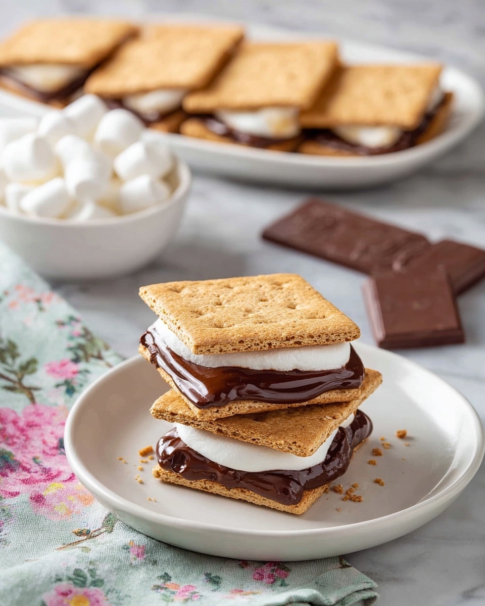 A close-up image of a two-layer s'more sits on a round white plate with small black speckles, placed on a white marbled surface. The bottom layer starts with a square, light brown graham cracker with a rough, crumbly texture. On top of this is a thick, soft white marshmallow that is slightly toasted and puffed up, smothered in glossy, melted dark chocolate dripping down its sides. Above this is another graham cracker square, supporting another layer of lightly toasted, soft white marshmallow with a shiny melted dark chocolate stripe on top. The dessert is capped with a final graham cracker square, light golden-brown with visible texture and tiny holes. The melted chocolate and marshmallow create a gooey, smooth contrast to the crispy crackers. photo taken with an iphone --ar 4:5 --v 7