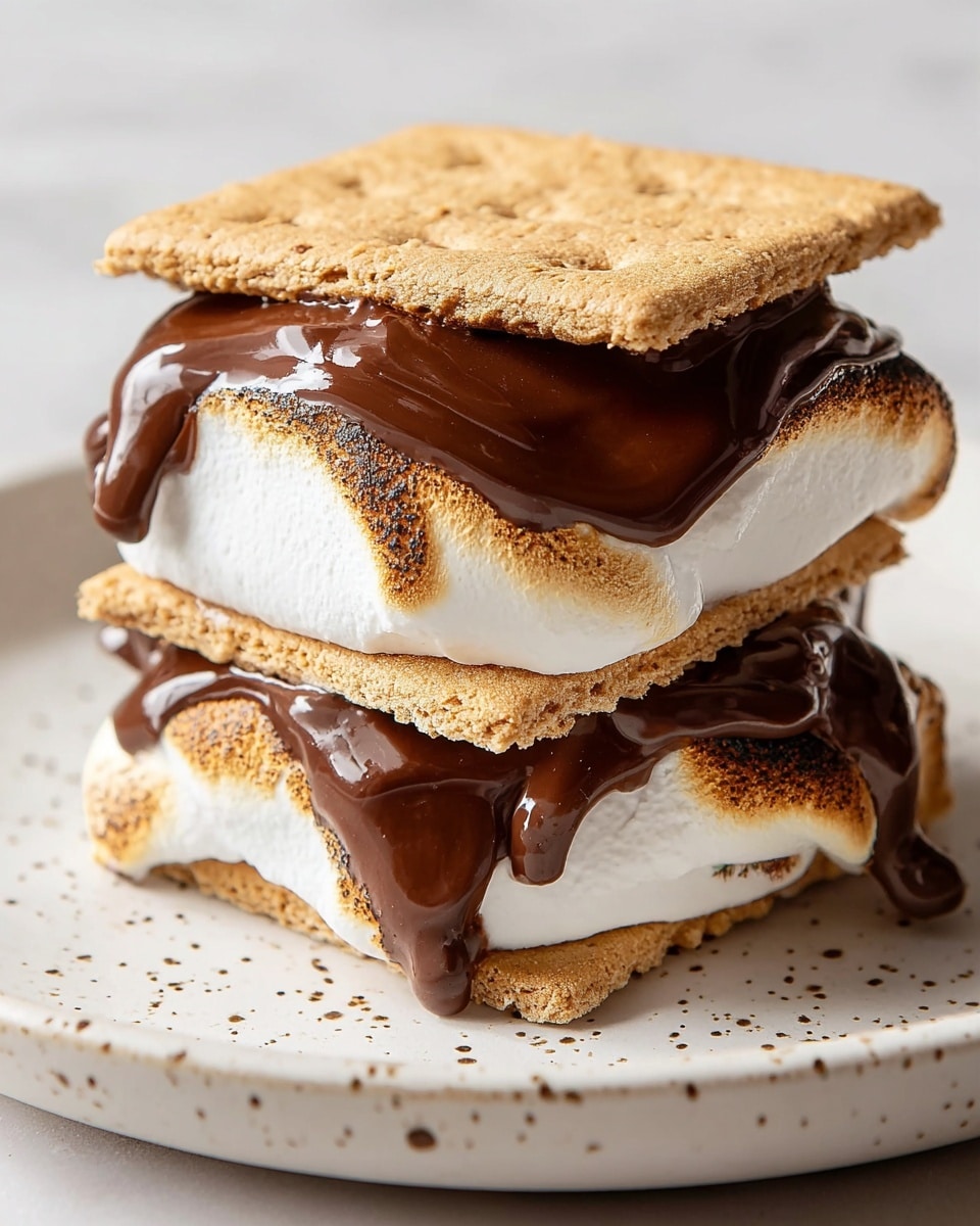 The image shows a close-up of three stacked s’mores on a white plate, with each s’more having three layers: a golden-brown crispy graham cracker on top and bottom, a thick melted dark brown chocolate layer, and a soft white marshmallow layer slightly oozing out from the sides. Behind the plate, there is a white oval plate filled with more s’mores arranged neatly, and a white bowl filled with marshmallows in the blurred background. Pieces of chocolate lie scattered on the white marbled surface next to the plate. A floral-patterned cloth is draped beside the plate, adding a soft touch to the scene. The photo taken with an iphone --ar 4:5 --v 7