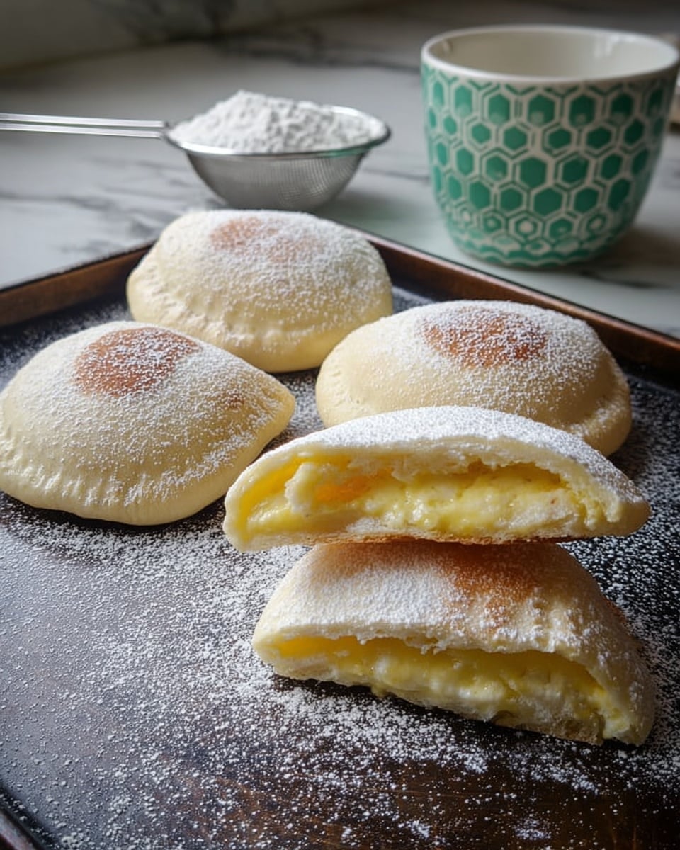 The image shows five soft, folded pastries shaped like half moons placed on a dark baking sheet. Three of the pastries are whole, dusted with white powdered sugar, showing a light golden-brown spot in the middle on their smooth, pale dough surface. Two pastries are cut open and stacked on top of each other, revealing a bright yellow, creamy filling inside with a slightly soft texture. In the background, there is a silver sieve with powdered sugar and a white bowl with a unique green hexagonal pattern, set on a white marbled surface. photo taken with an iphone --ar 4:5 --v 7