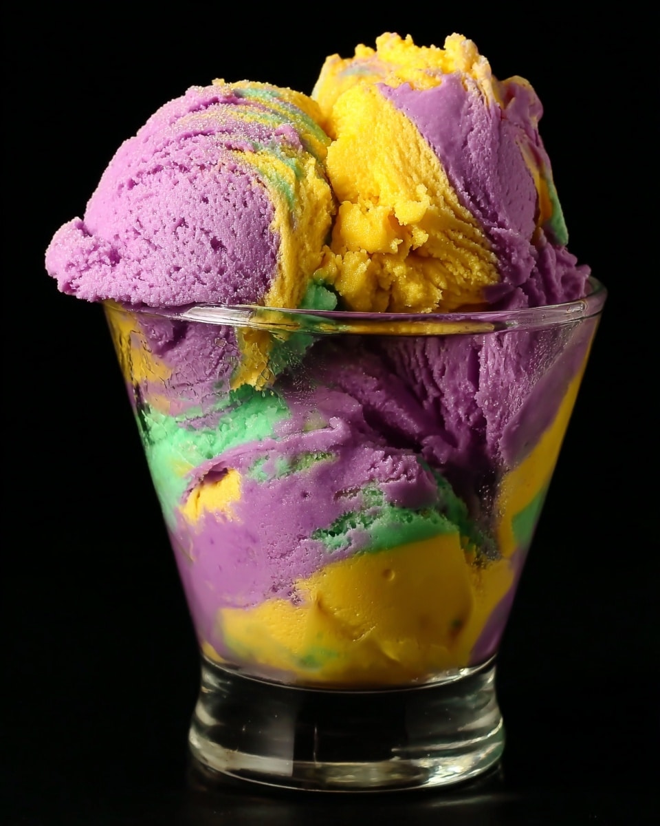 A glass dessert cup is filled with a colorful ice cream scoop made up of three main colors: purple, yellow, and green. The scoop has an uneven texture with rough, creamy swirls. The purple forms the largest portion, with patches of bright yellow and green spreading across the surface and mixing slightly in some areas. The glass cup is transparent, showing hints of the same colors melting inside. The background is black, putting full focus on the ice cream. photo taken with an iphone --ar 4:5 --v 7