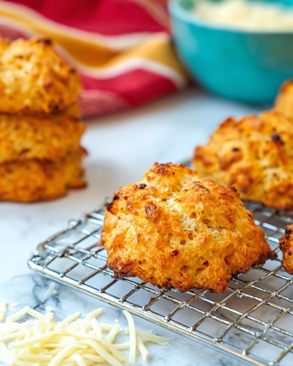 The image shows a golden-brown crispy biscuit with a rough, crunchy texture sitting on a silver cooling rack. The biscuit has small darker spots, likely from baked ingredients, giving it a rustic look. Behind it, there are a few more biscuits stacked on the left side, also golden and textured. Some shredded cheese is scattered loosely on the white marbled surface beneath the rack. The background includes a turquoise bowl and a folded red, white, and yellow striped cloth, both softly out of focus. photo taken with an iphone --ar 4:5 --v 7