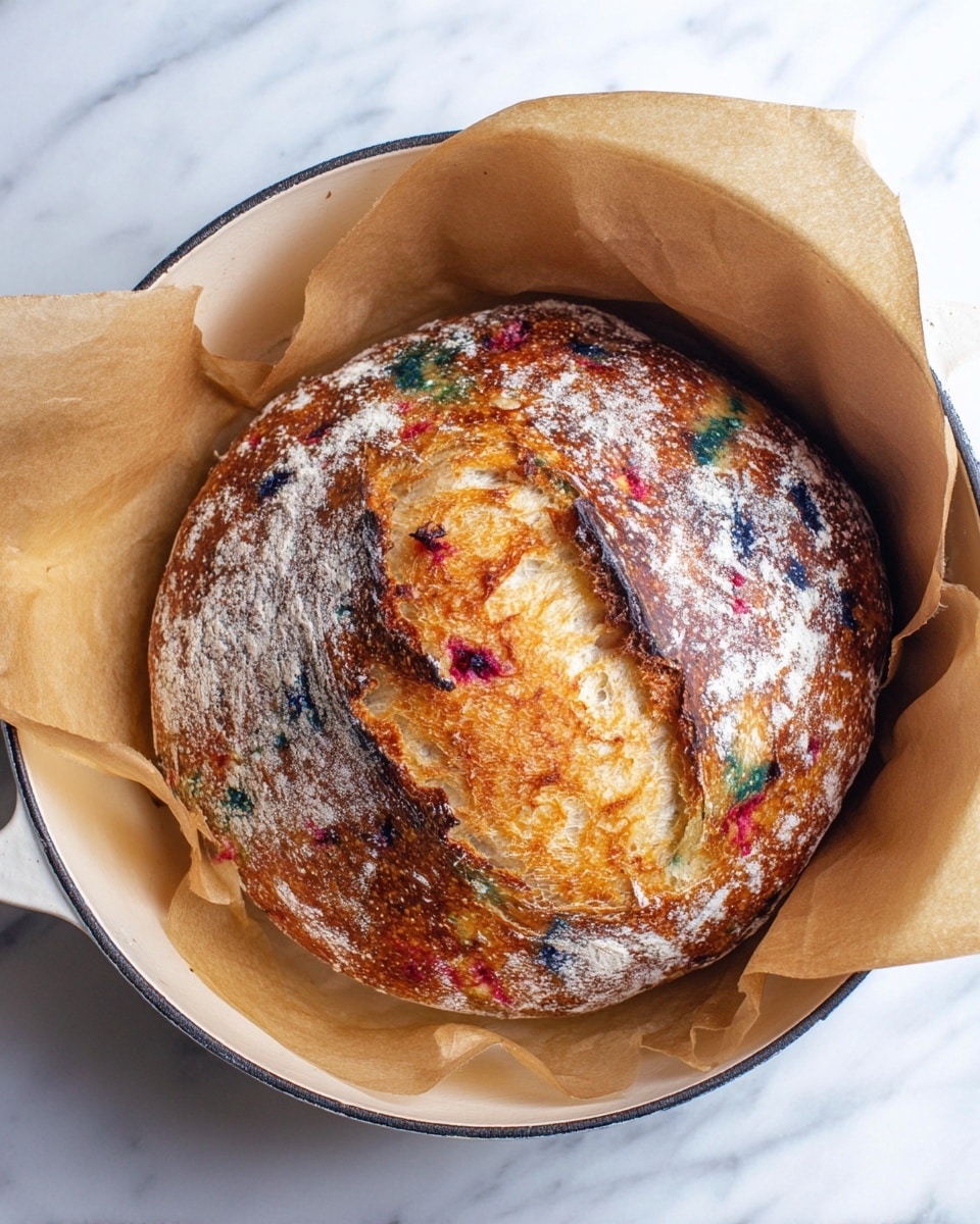 A round, baked loaf of bread with a golden-brown crust sits inside a white pot lined with light brown parchment paper. The bread has a dusting of white flour on top and colorful spots of red, blue, green, and purple spread throughout its surface, especially visible around the raised central split, which shows a soft, lighter inside. The crust has a slightly rough, crispy texture with irregular patterns, and the background is a white marbled texture. photo taken with an iphone --ar 4:5 --v 7
