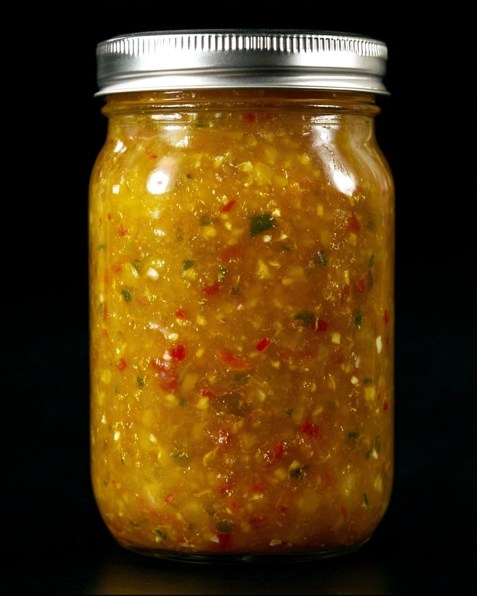 A close-up image of a glass jar filled with coarse, golden-yellow salsa that has specks of red and green from chopped peppers and herbs mixed throughout. The jar is sealed with a shiny silver metal lid, and it reflects light softly, showing smooth glass texture. The background is black, making the jar's colors stand out clearly. photo taken with an iphone --ar 4:5 --v 7