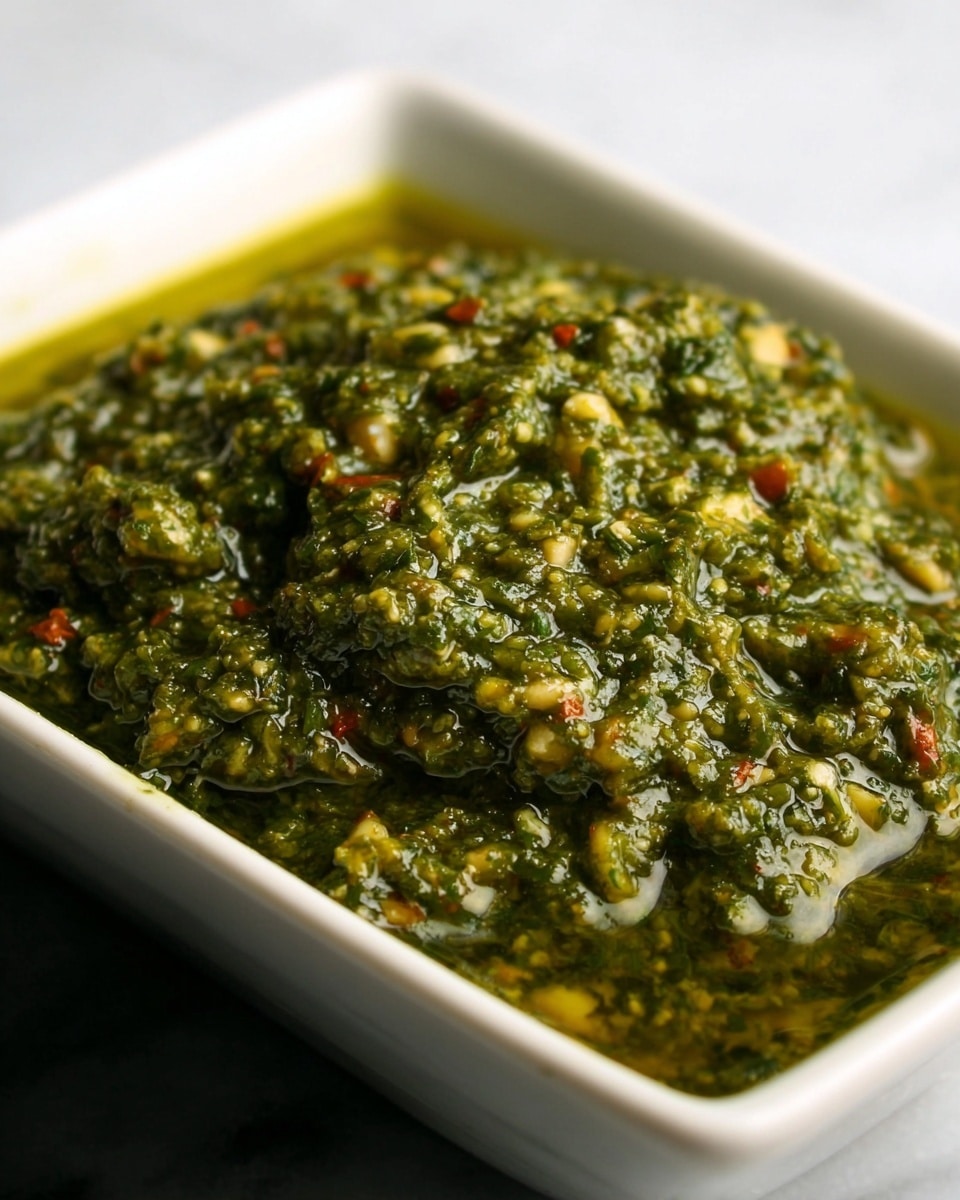 A close-up view of a white rectangular dish filled with thick, chunky green pesto sauce. The pesto has a rich texture with visible small pieces of nuts and herbs, showing a mix of dark and light green colors with small spotted bits of red and white. The surface of the pesto looks glossy with some oil pooling around the edges. The background is a white marbled texture. photo taken with an iphone --ar 4:5 --v 7