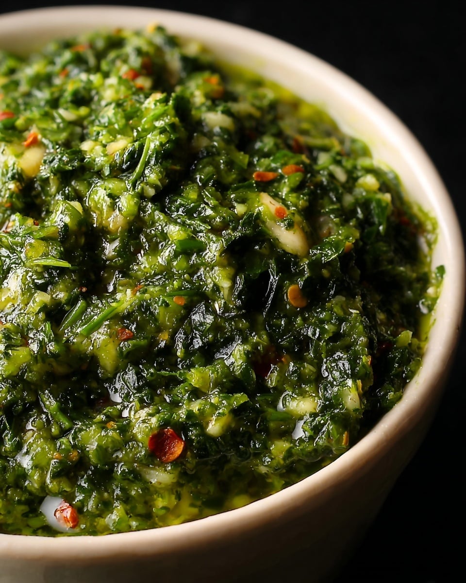 A close-up view of a creamy, textured green sauce in a white bowl showing finely chopped leafy green herbs mixed with bits of garlic, small red specks of chili flakes, and glistening drops of oil, creating a fresh and vibrant appearance with a slightly chunky consistency, set against a dark background that contrasts with the bright, rich green colors of the sauce. photo taken with an iphone --ar 4:5 --v 7