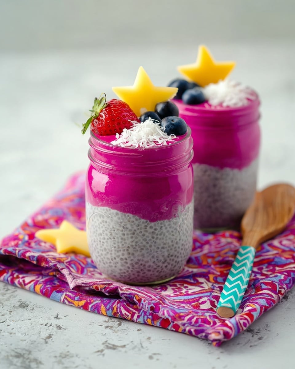 Two clear glass jars contain a layered dessert placed on a colorful pink, purple, and white patterned cloth on a white marbled surface. Each jar has two main layers: the bottom layer is light gray with black chia seeds visible throughout, and the top layer is a thick, bright magenta cream. The top layer is garnished with a fresh red strawberry on the side, two to three small dark blueberries clustered near the strawberry, white shredded coconut sprinkled in the middle, and a yellow star-shaped fruit slice leaning on the back edge. Some extra blueberries and yellow star-shaped slices are scattered nearby on the cloth. A wooden spoon with a turquoise chevron pattern on the handle sits next to the jars. photo taken with an iphone --ar 4:5 --v 7