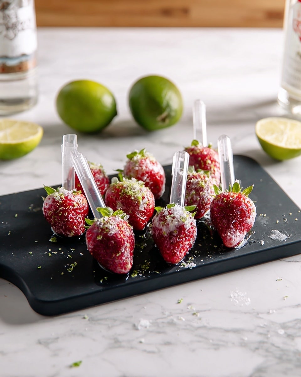 A black cutting board holds nine whole strawberries standing upright, each covered in a light layer of sugar and sprinkled with lime zest. Every strawberry has a small clear plastic pipette inserted, angled outward. In the background, there are two lime halves and a bottle with an unclear label, set on a white marbled surface. Photo taken with an iphone --ar 4:5 --v 7