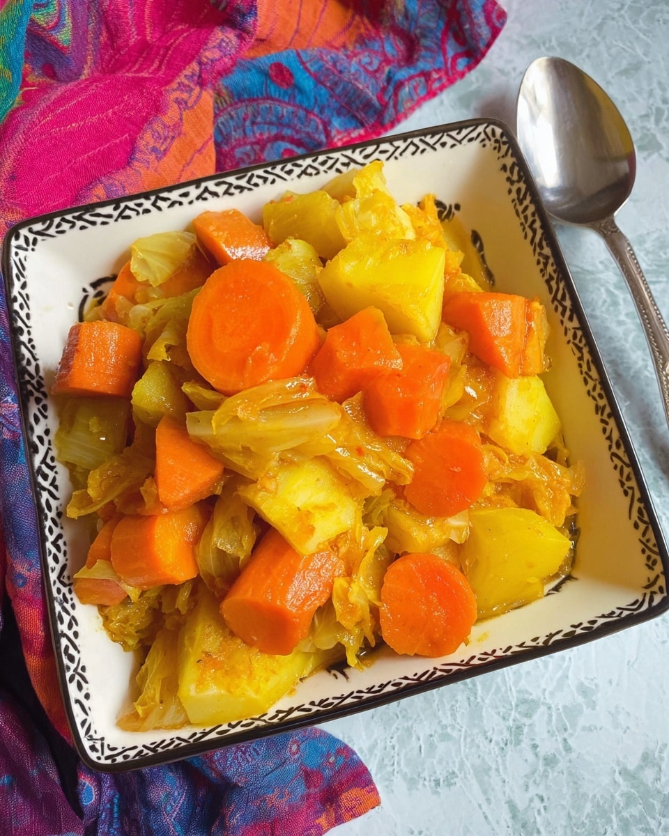 The image shows a colorful dish in a square white plate with a patterned black and white rim. The dish has three main layers of cooked vegetables: large orange carrot chunks on top, bright yellow pieces of pineapple and possibly cabbage mixed throughout, and some darker yellow pieces of cooked squash or pumpkin mostly at the bottom. The vegetables look soft and well cooked with some shiny sauce covering them. The plate sits on a textured white marbled surface with a silver spoon to the right side and a few colorful cloths underneath. Photo taken with an iphone --ar 4:5 --v 7