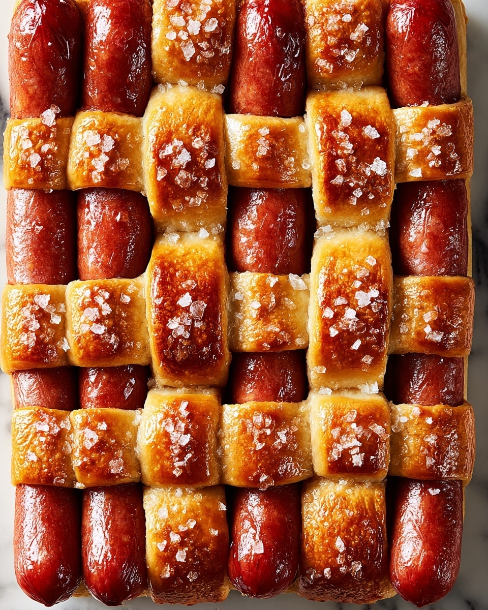 The image shows a close-up view of a baked dish with a neat woven pattern of thick, reddish-brown sausages and golden-brown dough strips. There are five horizontal rows of sausages tightly placed side by side, and the dough strips are woven vertically over and under each sausage, creating a basket-like design. The dough strips are glossy with a toasted finish, sprinkled with salt crystals that add texture and sparkle. The whole dish rests on a white marbled surface, making the warm colors of the sausages and dough stand out clearly. photo taken with an iphone --ar 4:5 --v 7