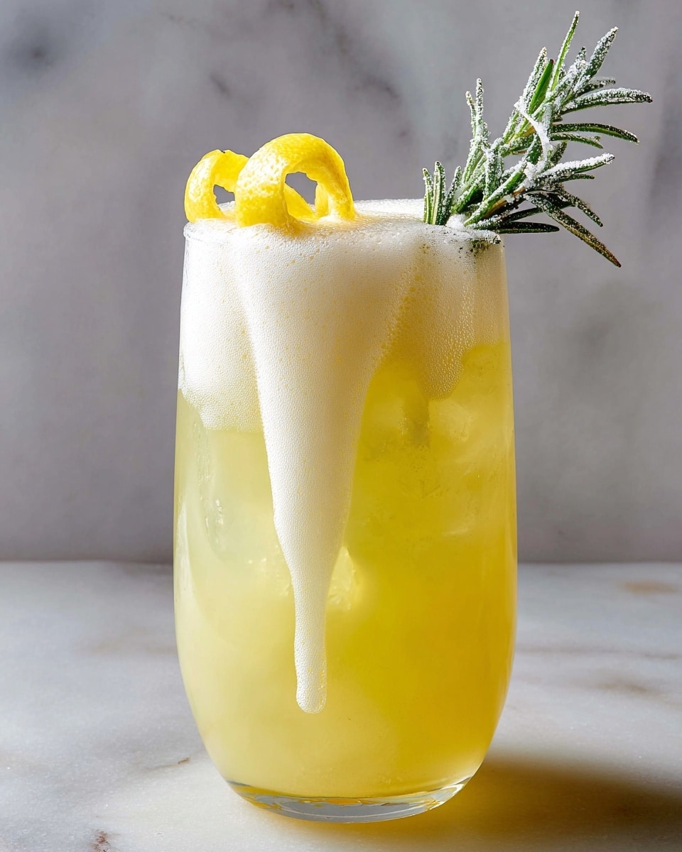 A tall clear glass filled with a light yellow drink shows a thick, frothy foam layer overflowing down the side, bright and bubbly with a smooth texture. Inside the drink, near the top, sits a curled yellow lemon peel that adds a fresh pop of color. A frosted green sprig of rosemary dusted with white sugar sticks out from the foam on the right side, contrasting with the soft yellow liquid under it. The background is a simple white marbled texture. Photo taken with an iphone --ar 4:5 --v 7